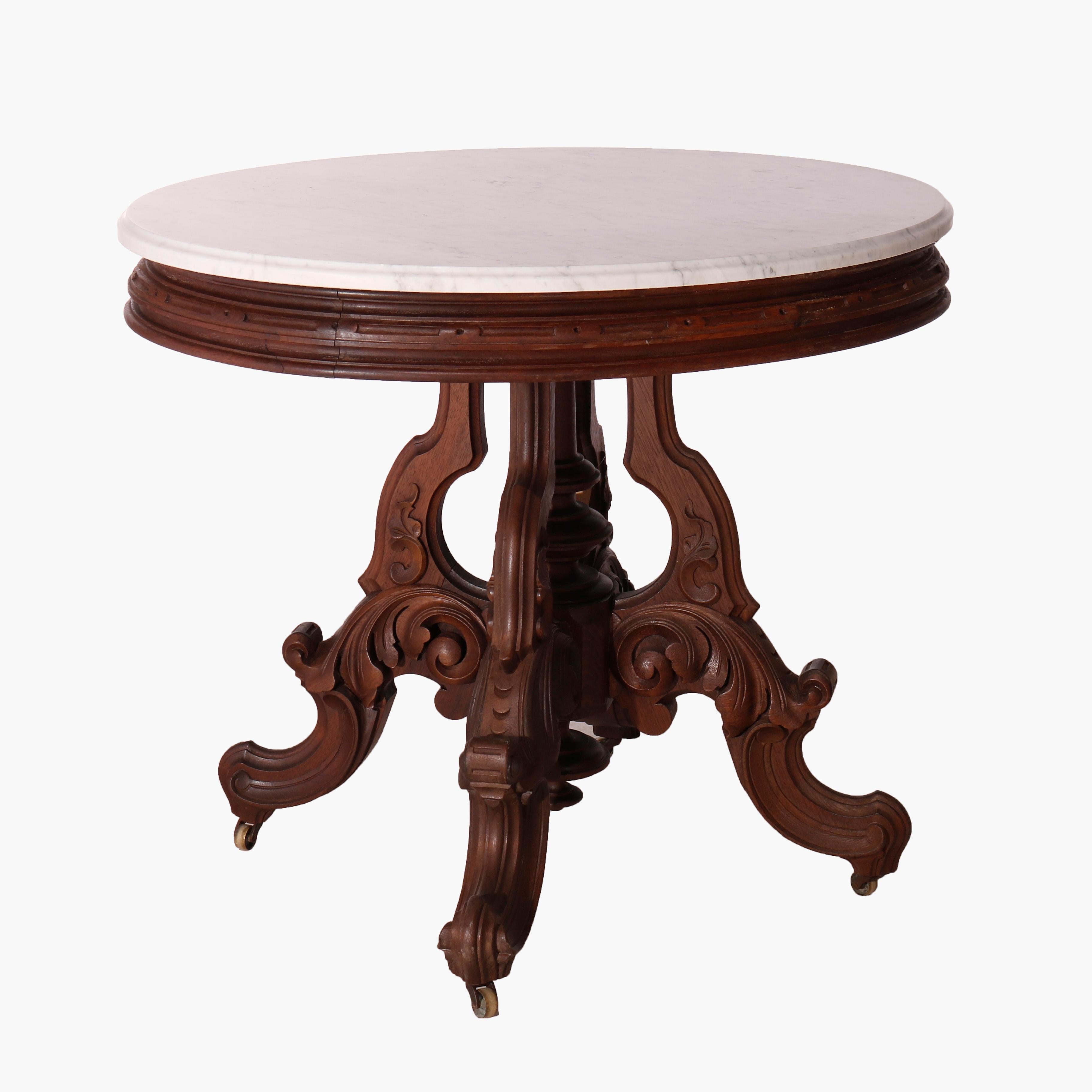 Oversized Antique Victorian Walnut Brooks Oval Marble Top Parlor Table 1890 For Sale 6