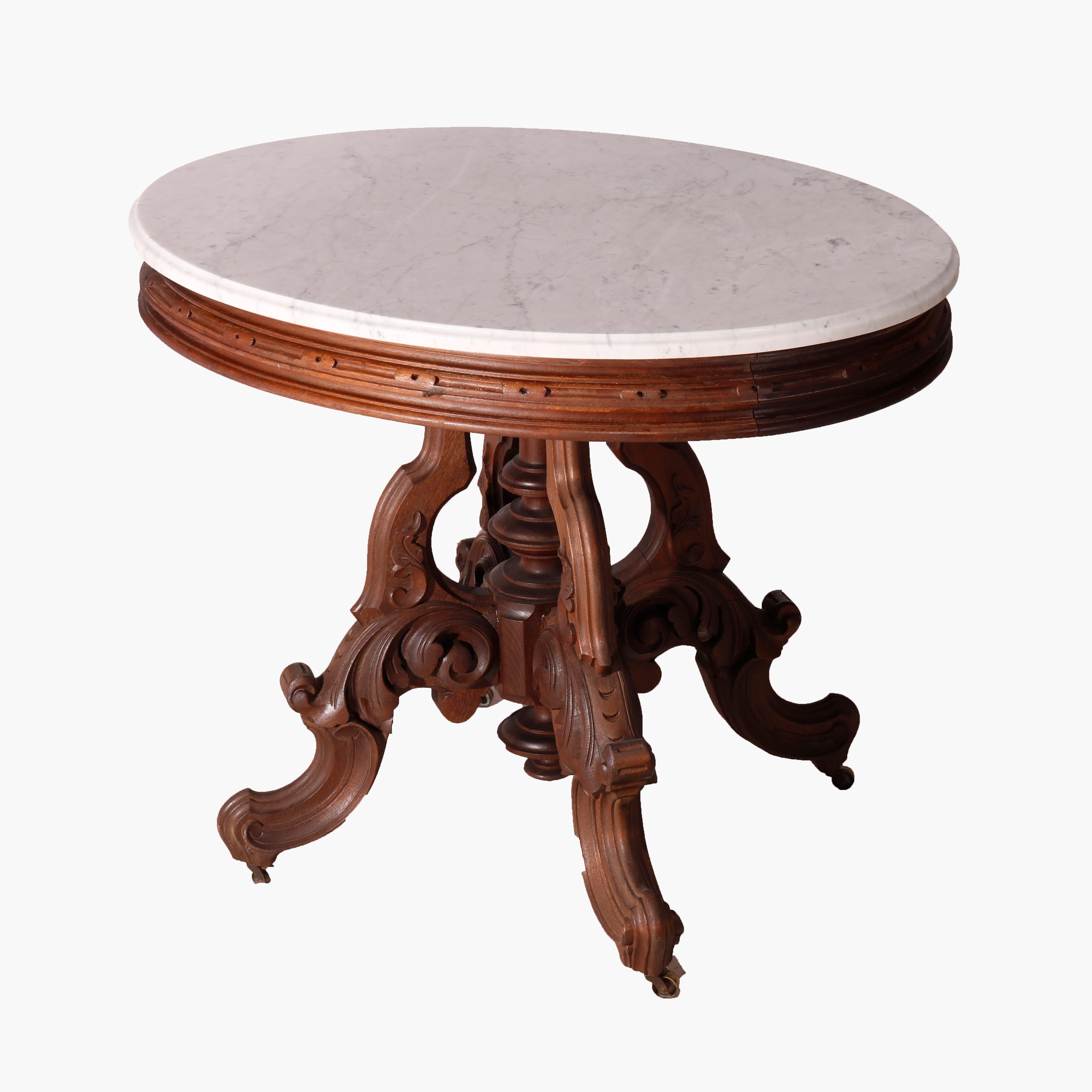 Oversized Antique Victorian Walnut Brooks Oval Marble Top Parlor Table 1890 For Sale 7