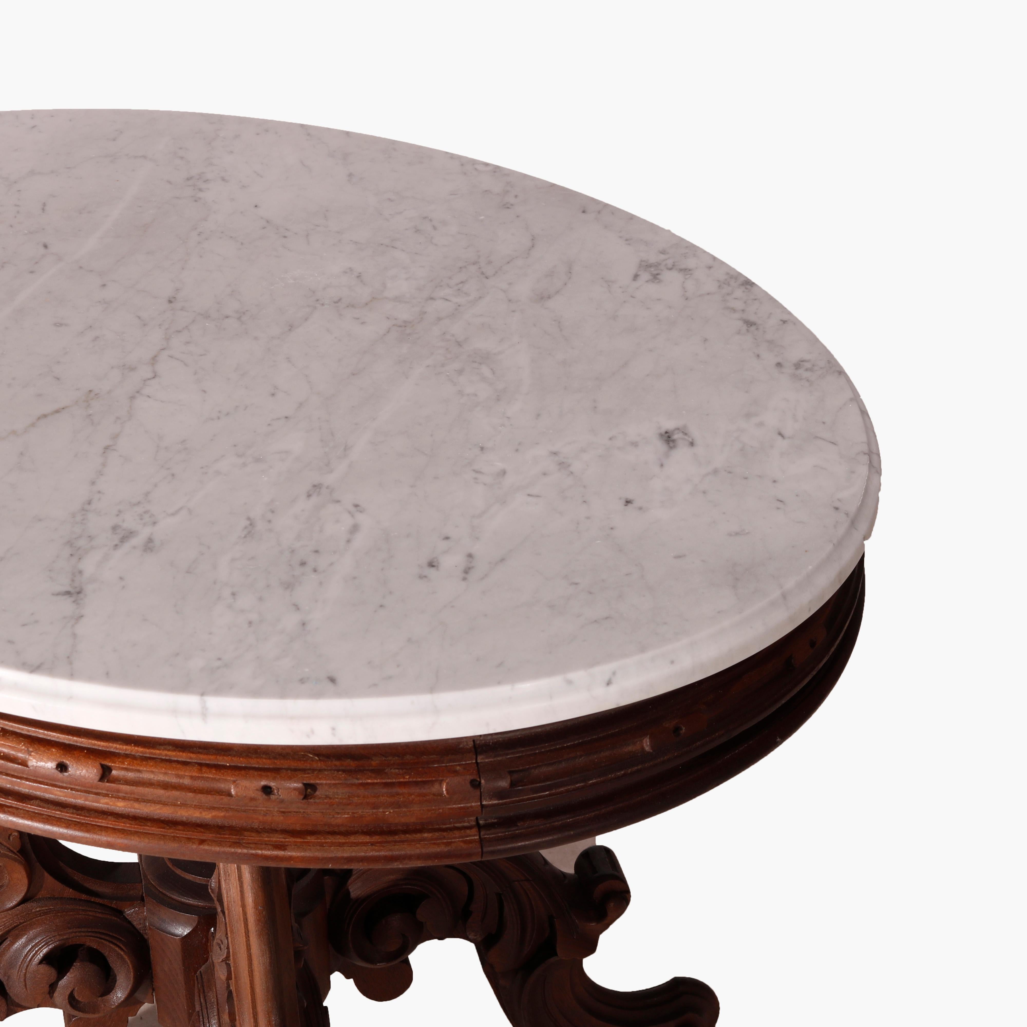 American Oversized Antique Victorian Walnut Brooks Oval Marble Top Parlor Table 1890 For Sale