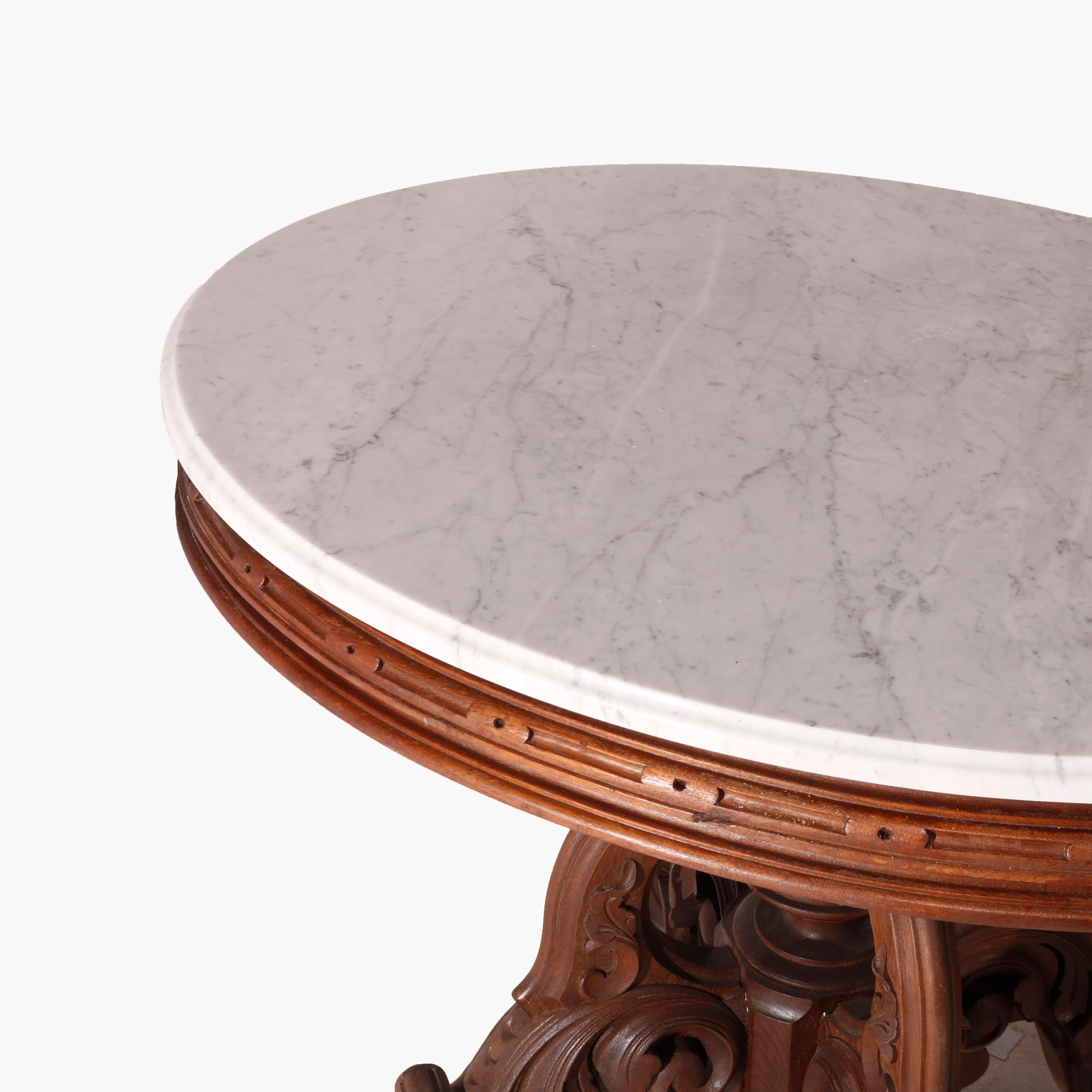 Carved Oversized Antique Victorian Walnut Brooks Oval Marble Top Parlor Table 1890 For Sale