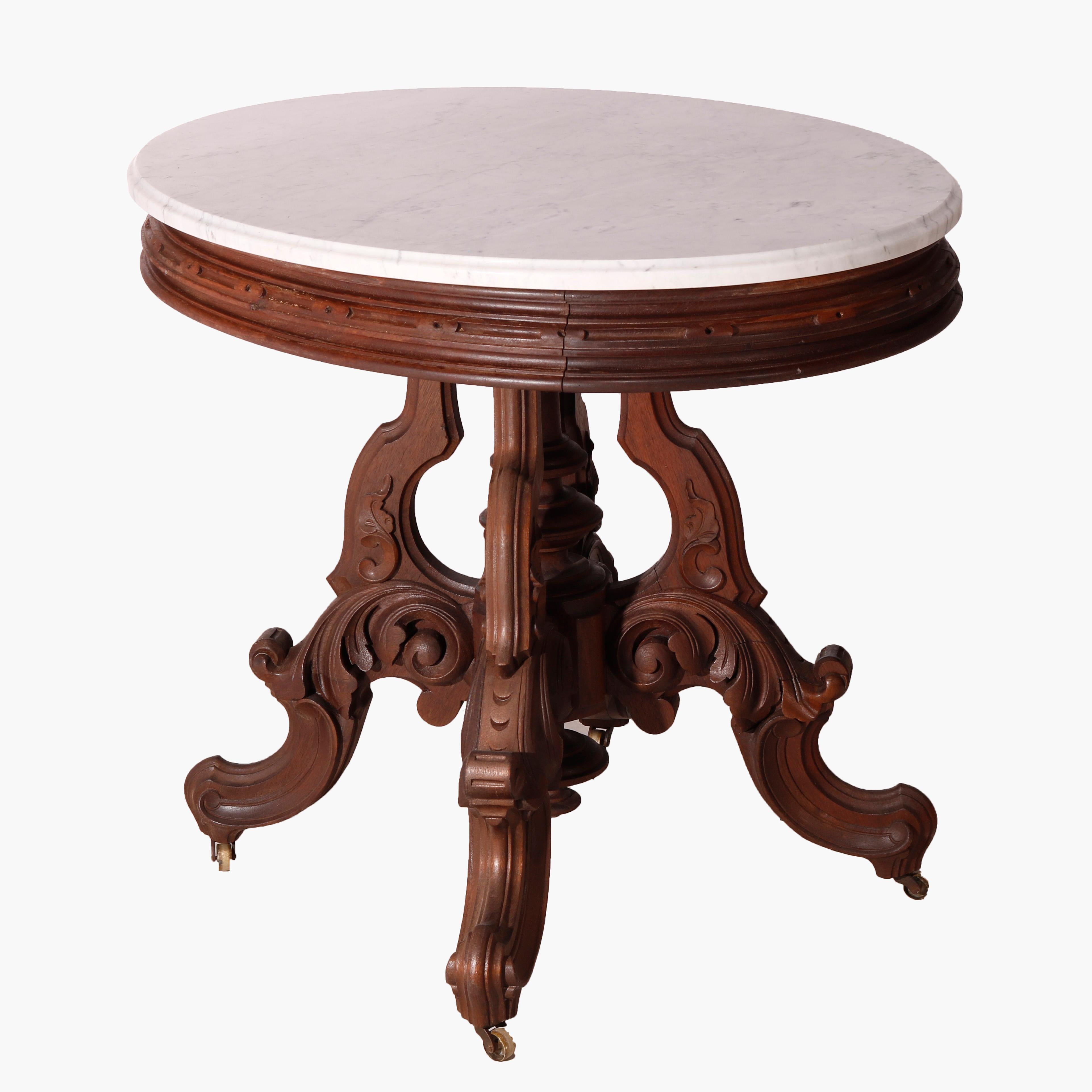 Oversized Antique Victorian Walnut Brooks Oval Marble Top Parlor Table 1890 In Good Condition For Sale In Big Flats, NY
