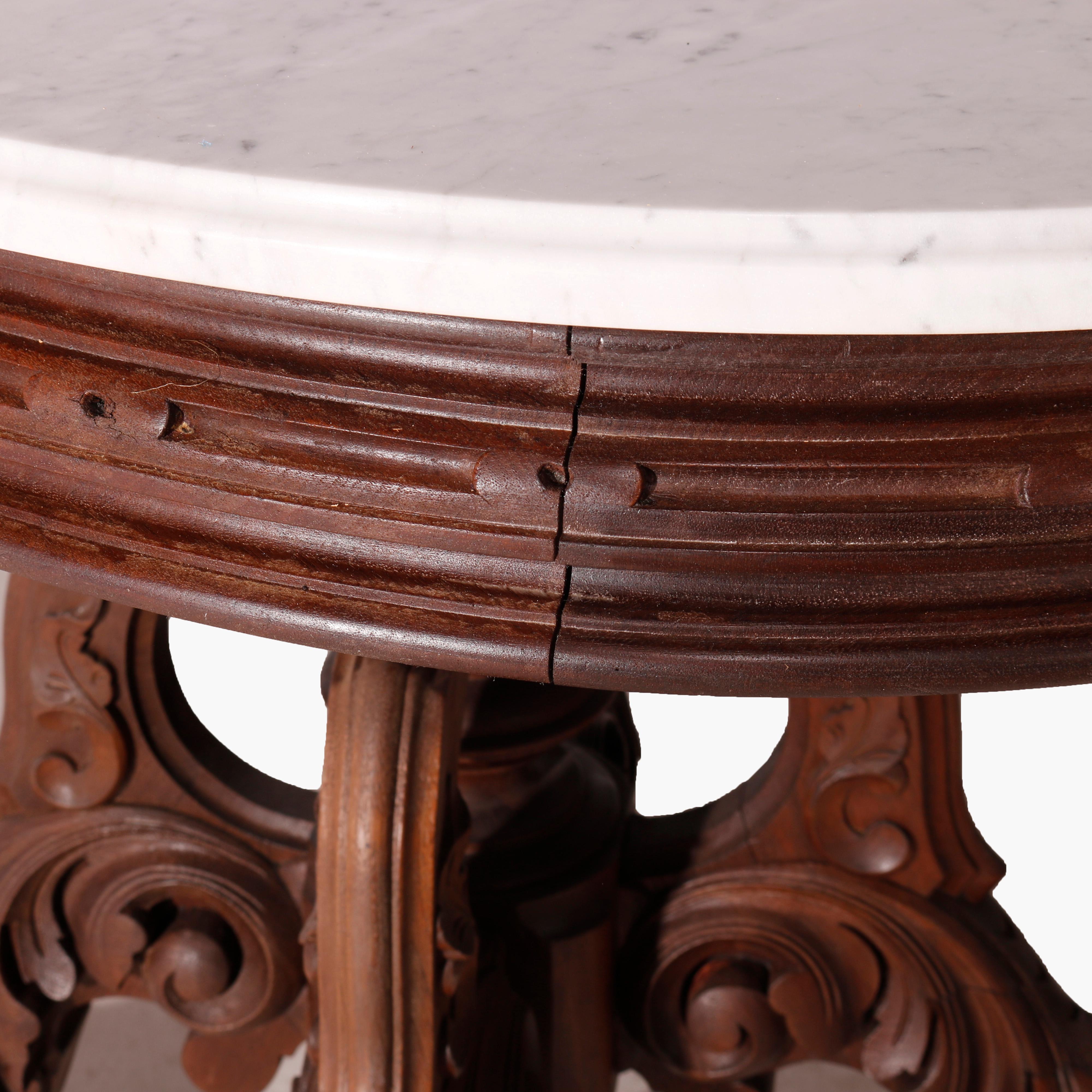 19th Century Oversized Antique Victorian Walnut Brooks Oval Marble Top Parlor Table 1890 For Sale
