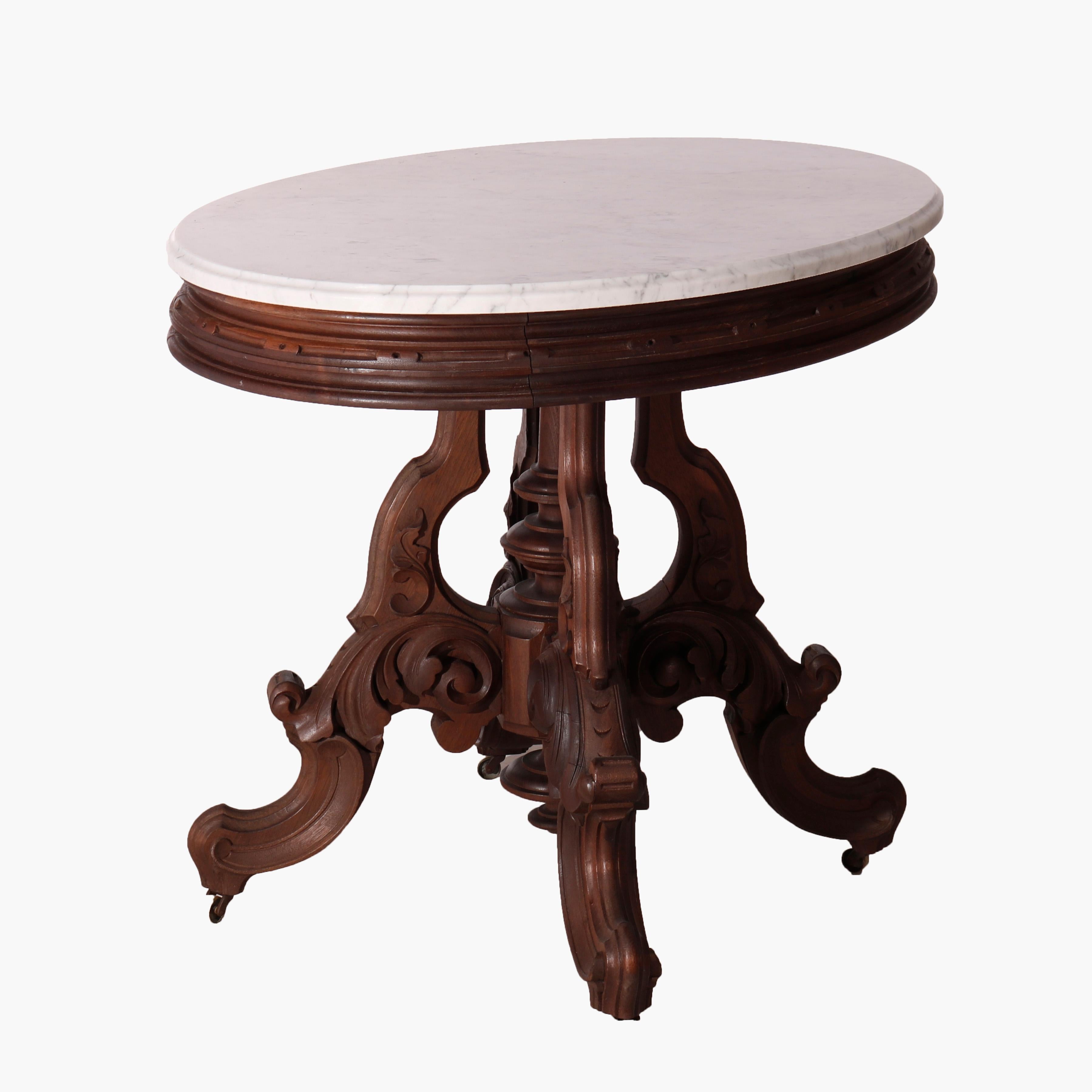 Oversized Antique Victorian Walnut Brooks Oval Marble Top Parlor Table 1890 For Sale 1