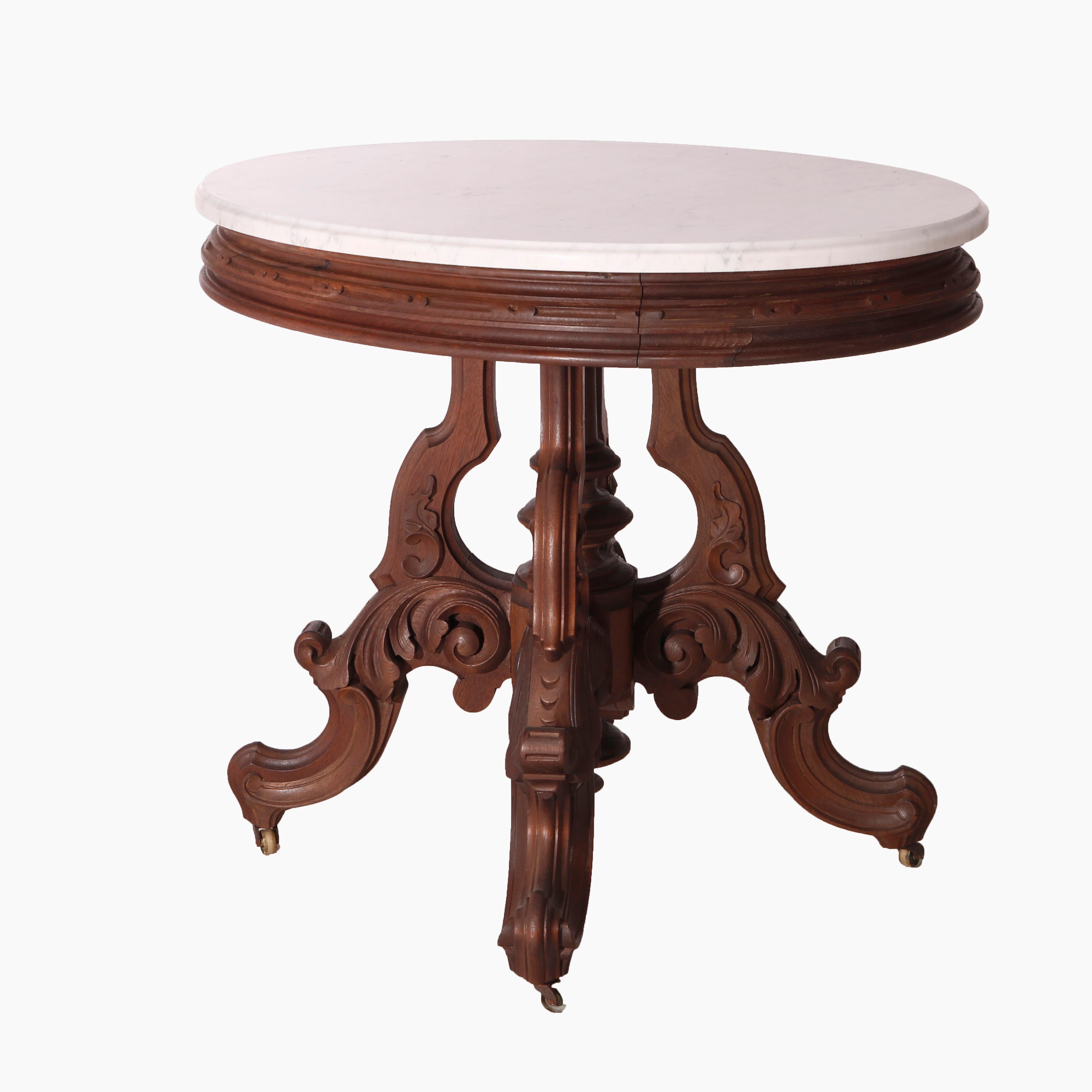 Oversized Antique Victorian Walnut Brooks Oval Marble Top Parlor Table 1890 For Sale 3