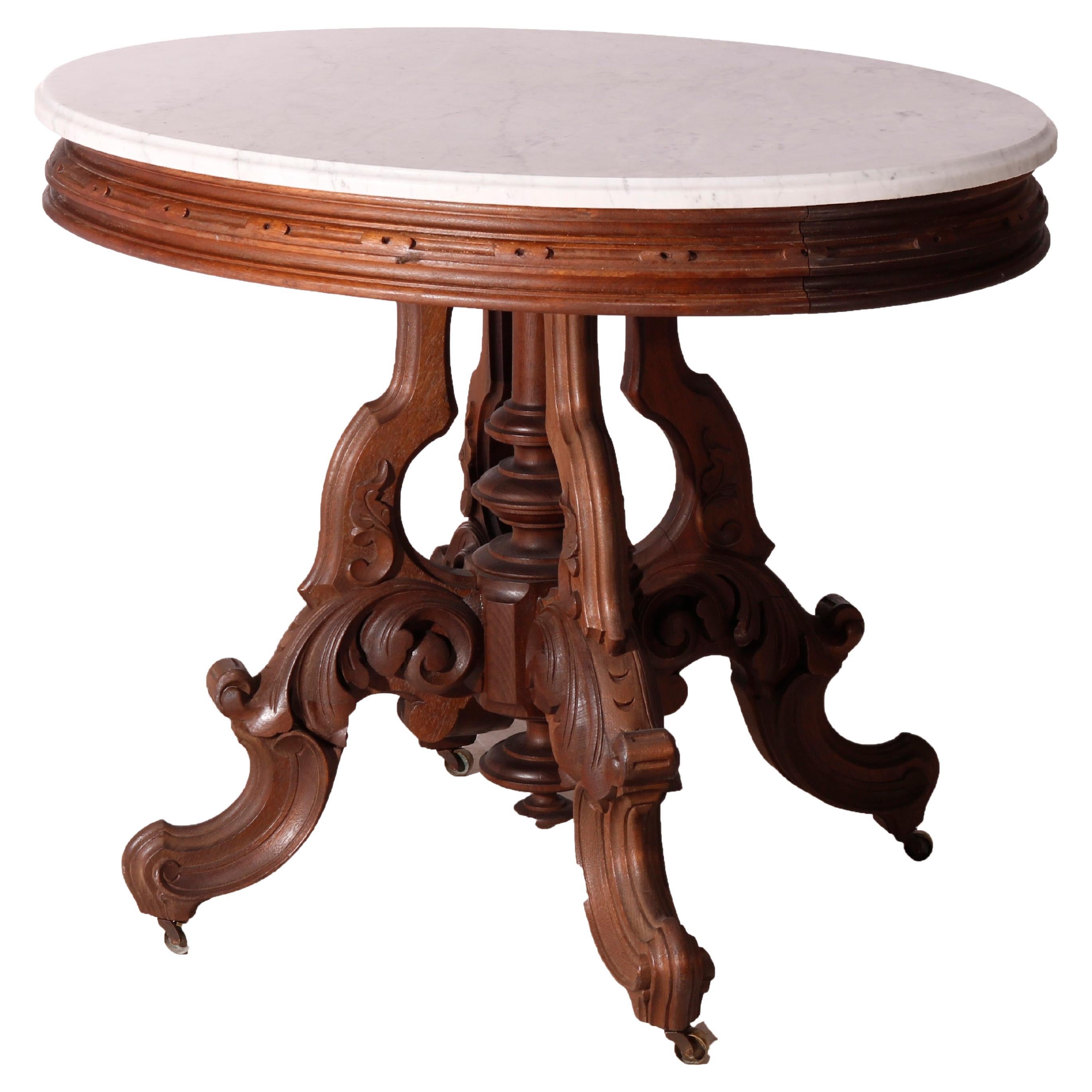 Oversized Antique Victorian Walnut Brooks Oval Marble Top Parlor Table 1890 For Sale