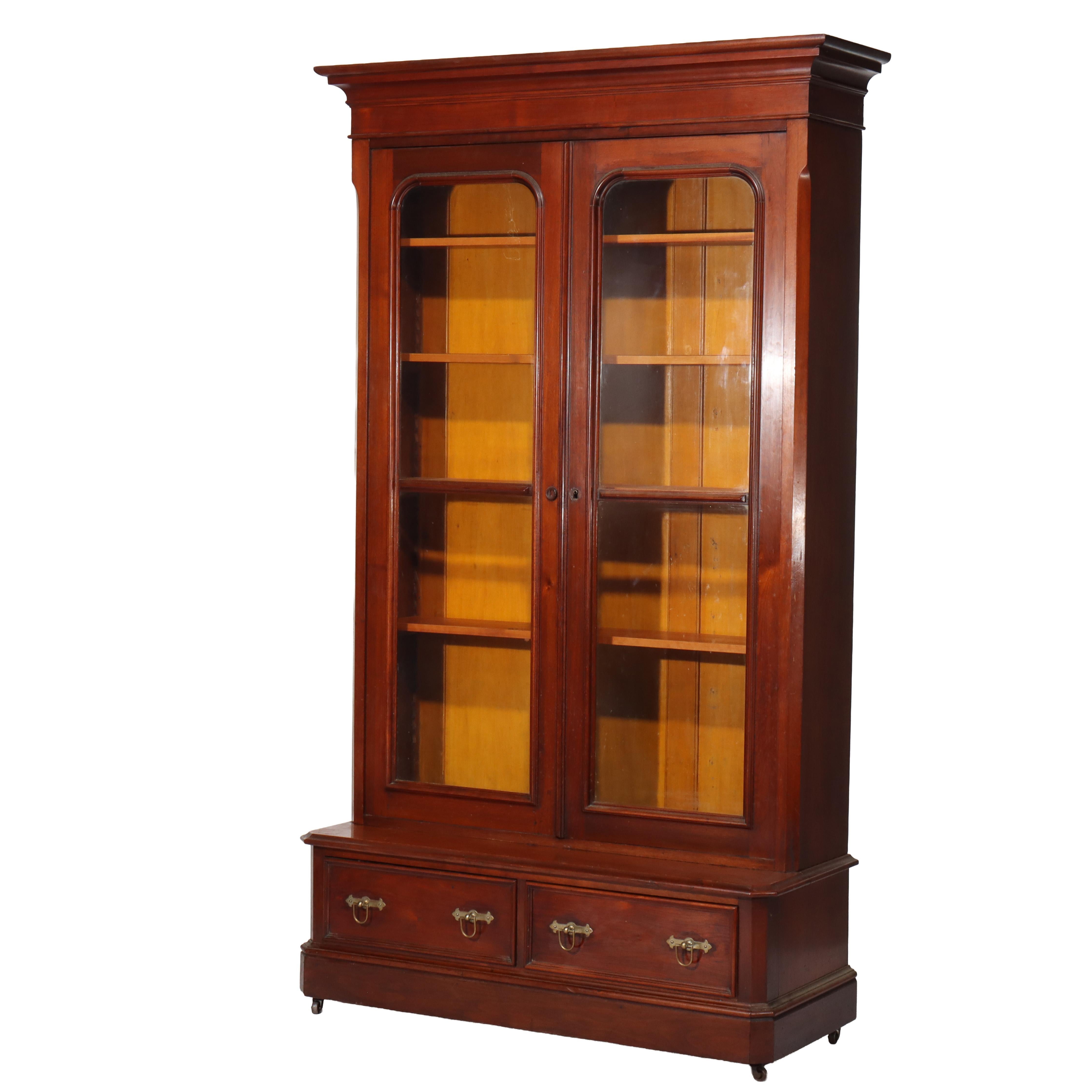 Oversized Antique Victorian Walnut Two Door Two Drawer Bookcase C1890 In Good Condition For Sale In Big Flats, NY