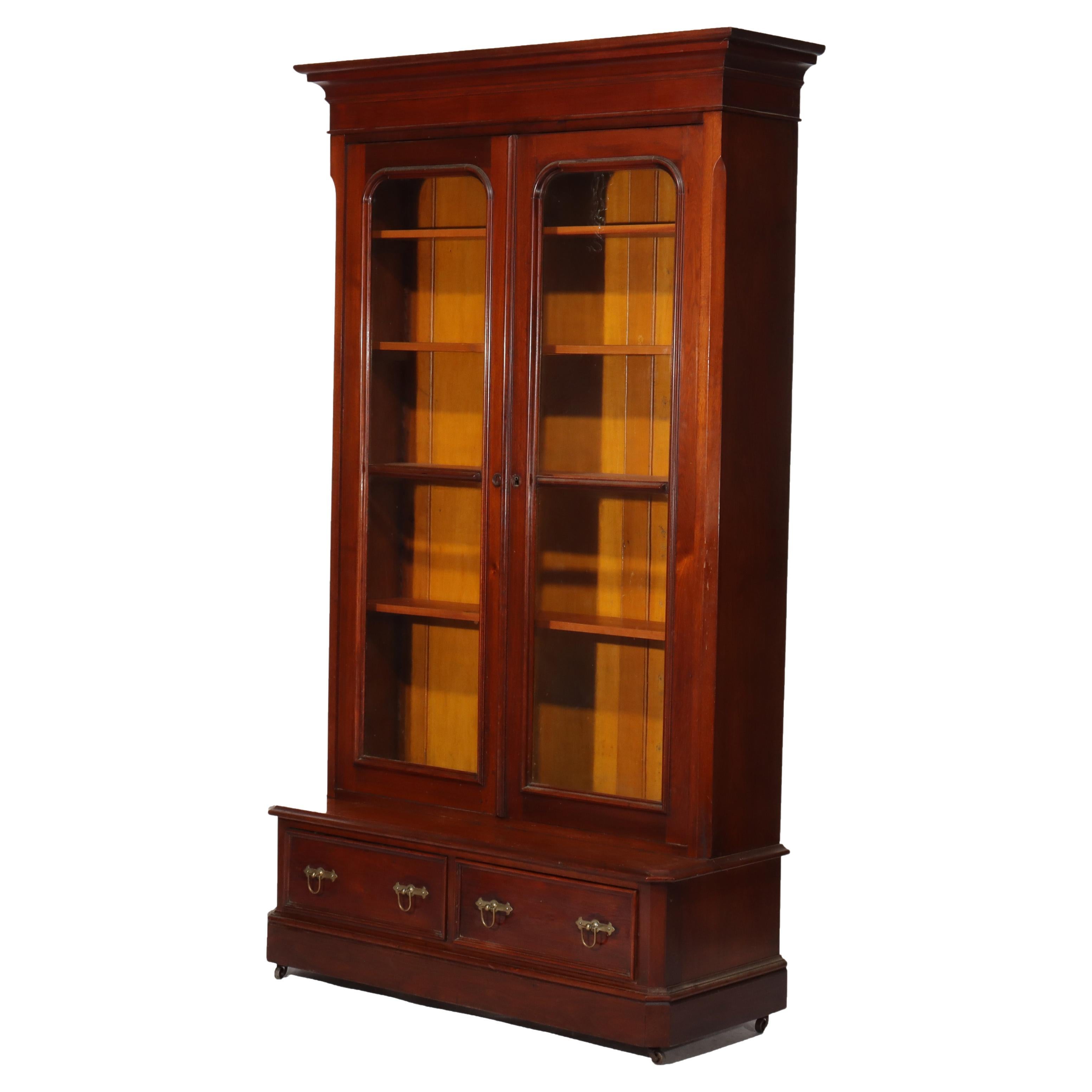 Oversized Antique Victorian Walnut Two Door Two Drawer Bookcase C1890