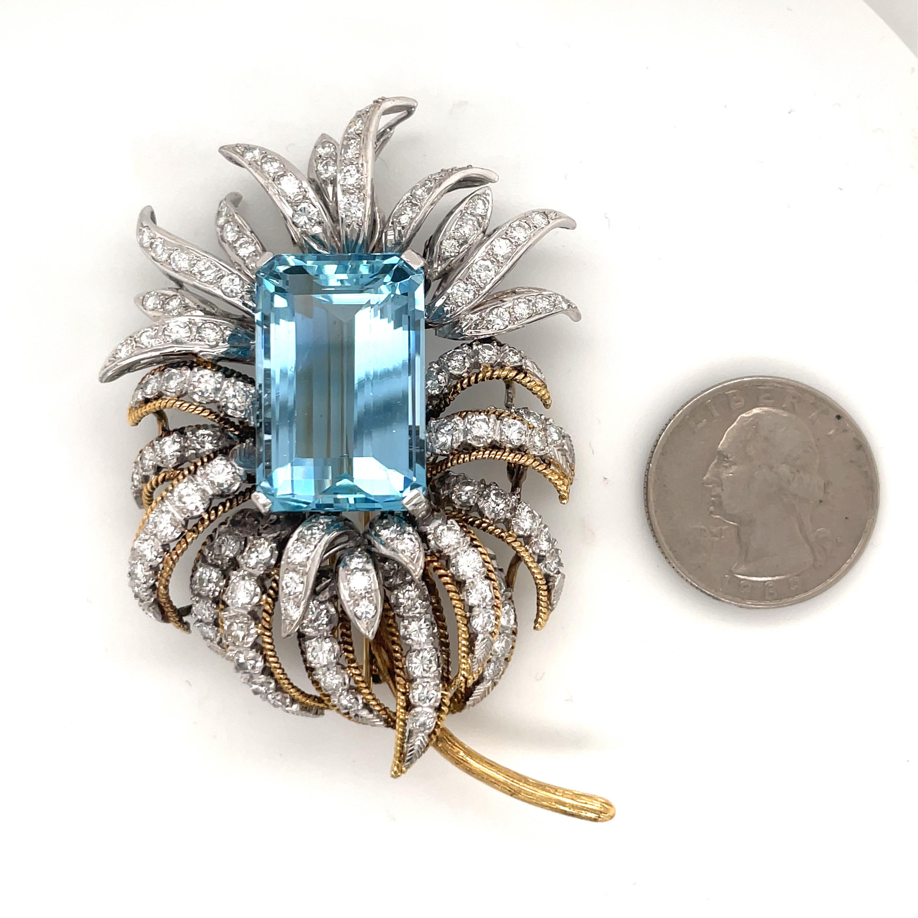 Retro Oversized Aquamarine Diamond Floral Pin 44.50 Carats 18 Karat Yellow Gold
