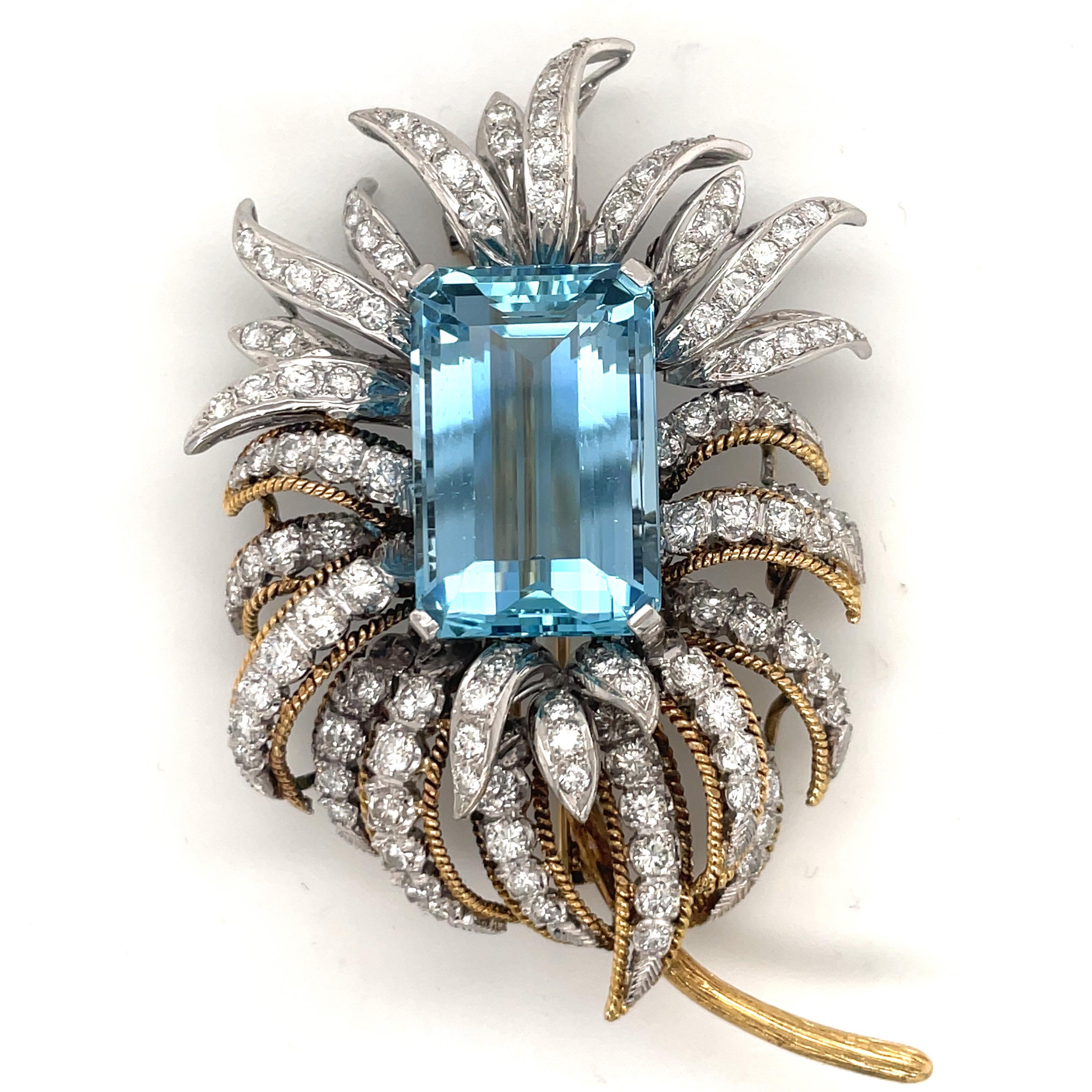 Emerald Cut Oversized Aquamarine Diamond Floral Pin 44.50 Carats 18 Karat Yellow Gold