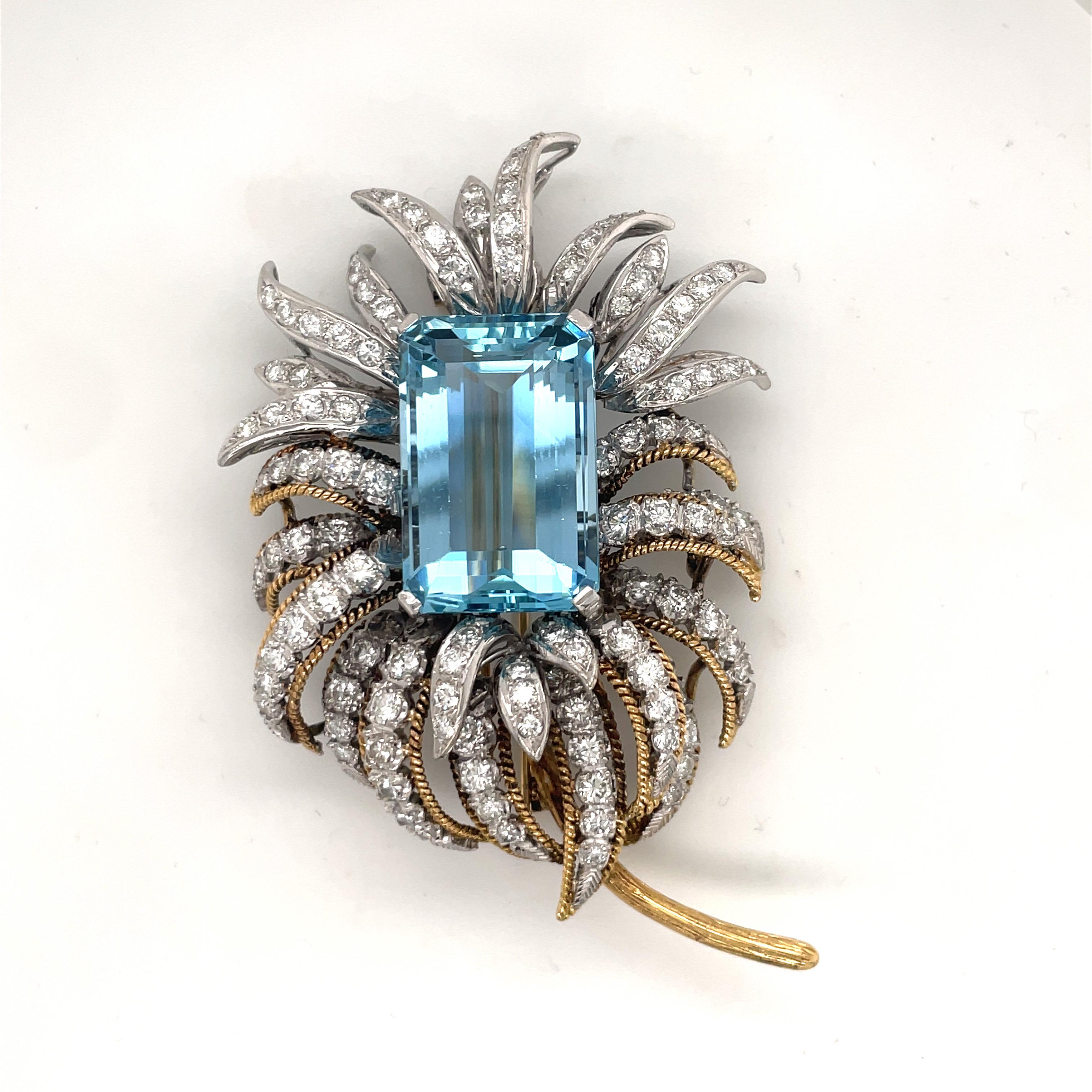 Oversized Aquamarine Diamond Floral Pin 44.50 Carats 18 Karat Yellow Gold In Excellent Condition In New York, NY