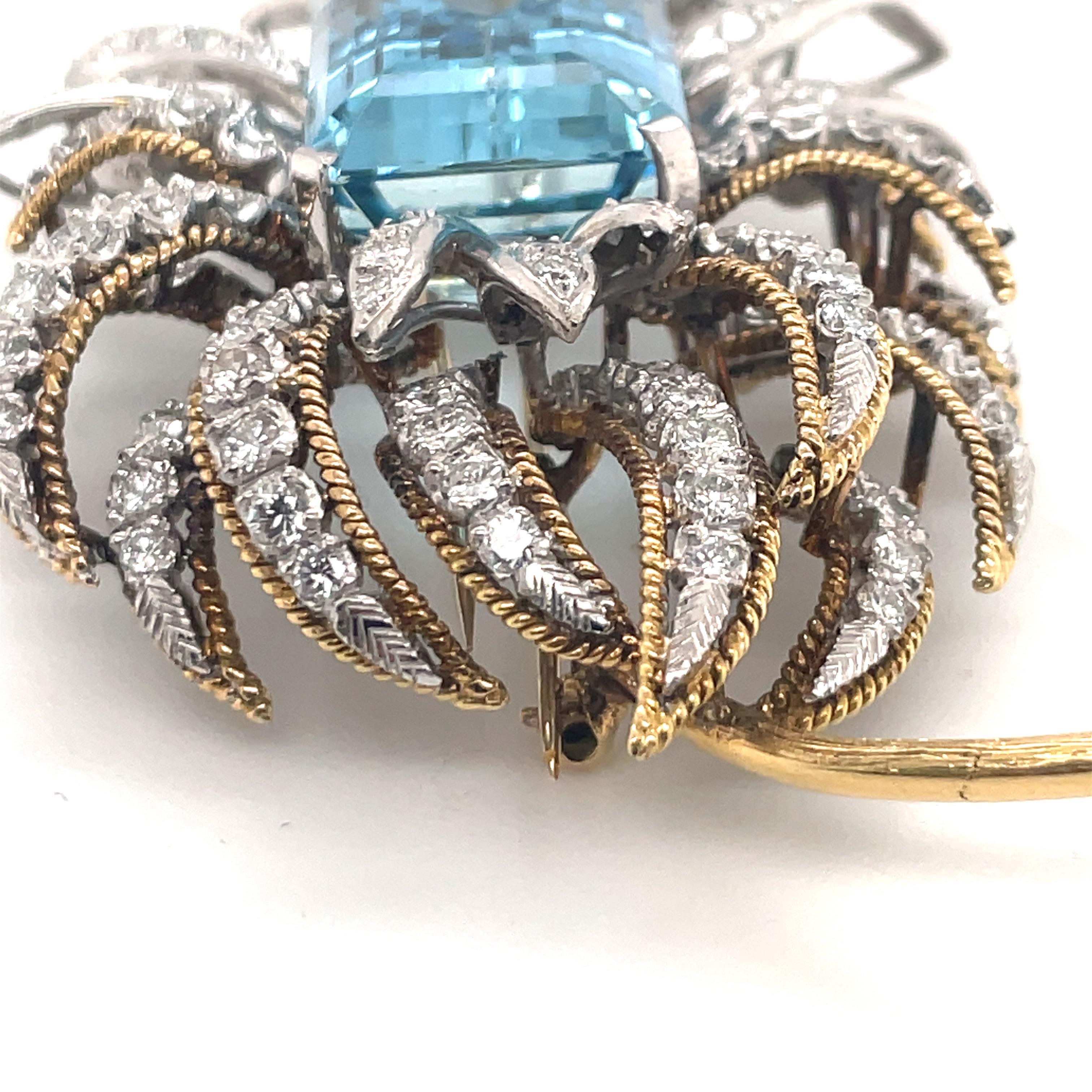 Women's Oversized Aquamarine Diamond Floral Pin 44.50 Carats 18 Karat Yellow Gold