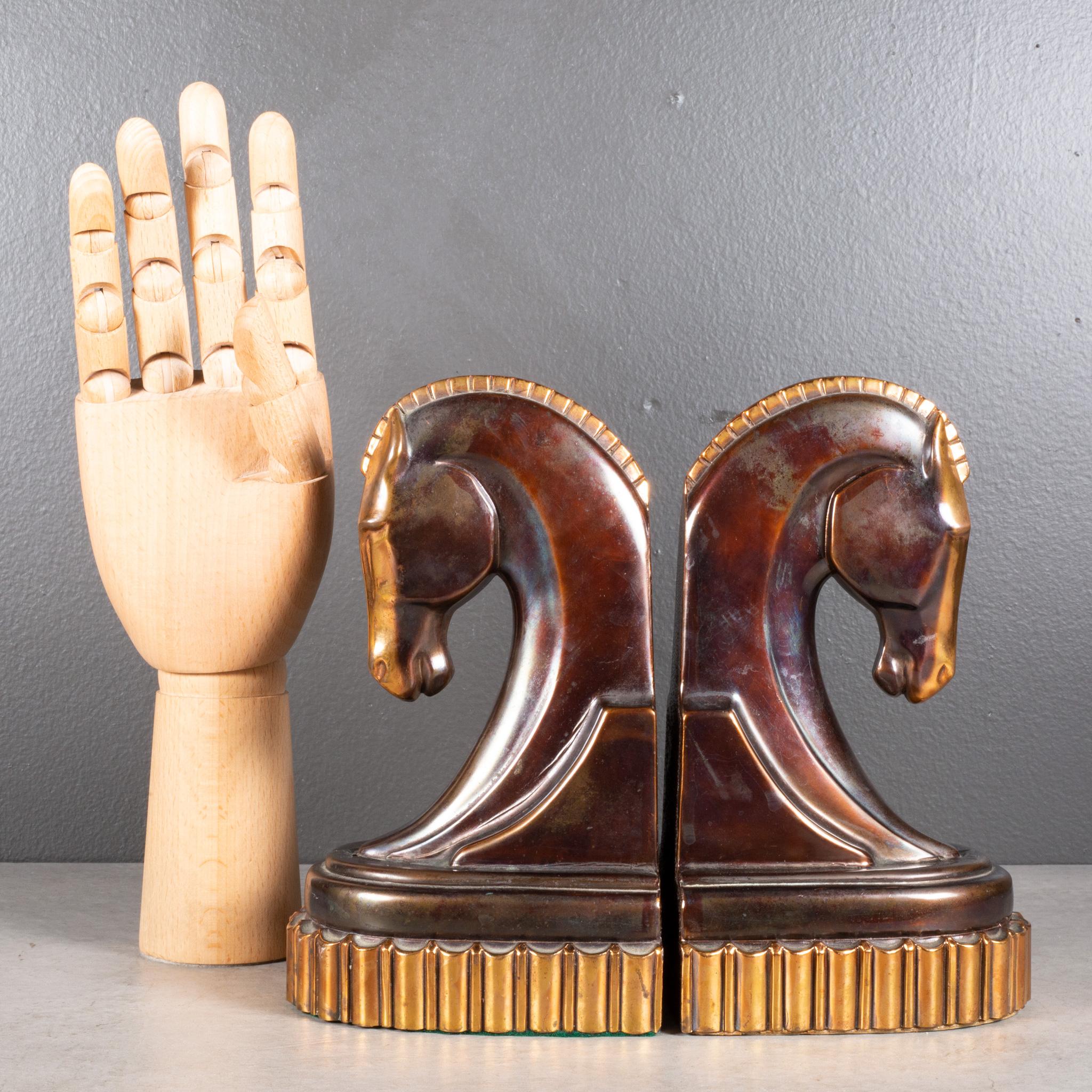 Übergroße Art-Déco-Buchstützen mit Trojanischem Pferd aus Bronze und Kupfer, um 1930 (Freifacher VERSand) 2