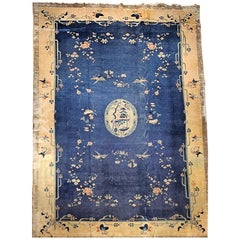Oversized Art Deco Chinese Rug in French Blue & Tan with Pagoda and River Scenes