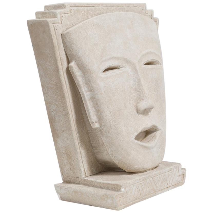 Oversized Aztex Inspired Plaster Face Sculpture For Sale