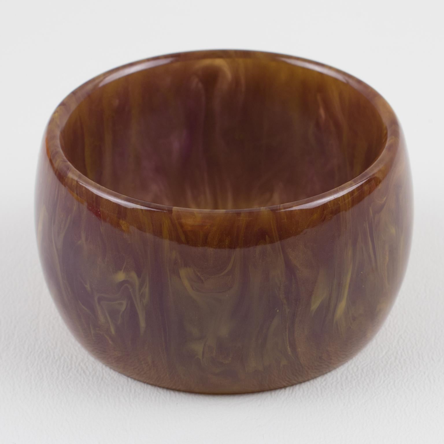 Stunning purple stardust marble Bakelite bracelet bangle. Oversized wide domed shape. Intense purple marble tone with gold flakes inclusions and white swirling. 
Measurements: Inside across is 2.50 in. diameter (6.4 cm) - outside across is 3 in.