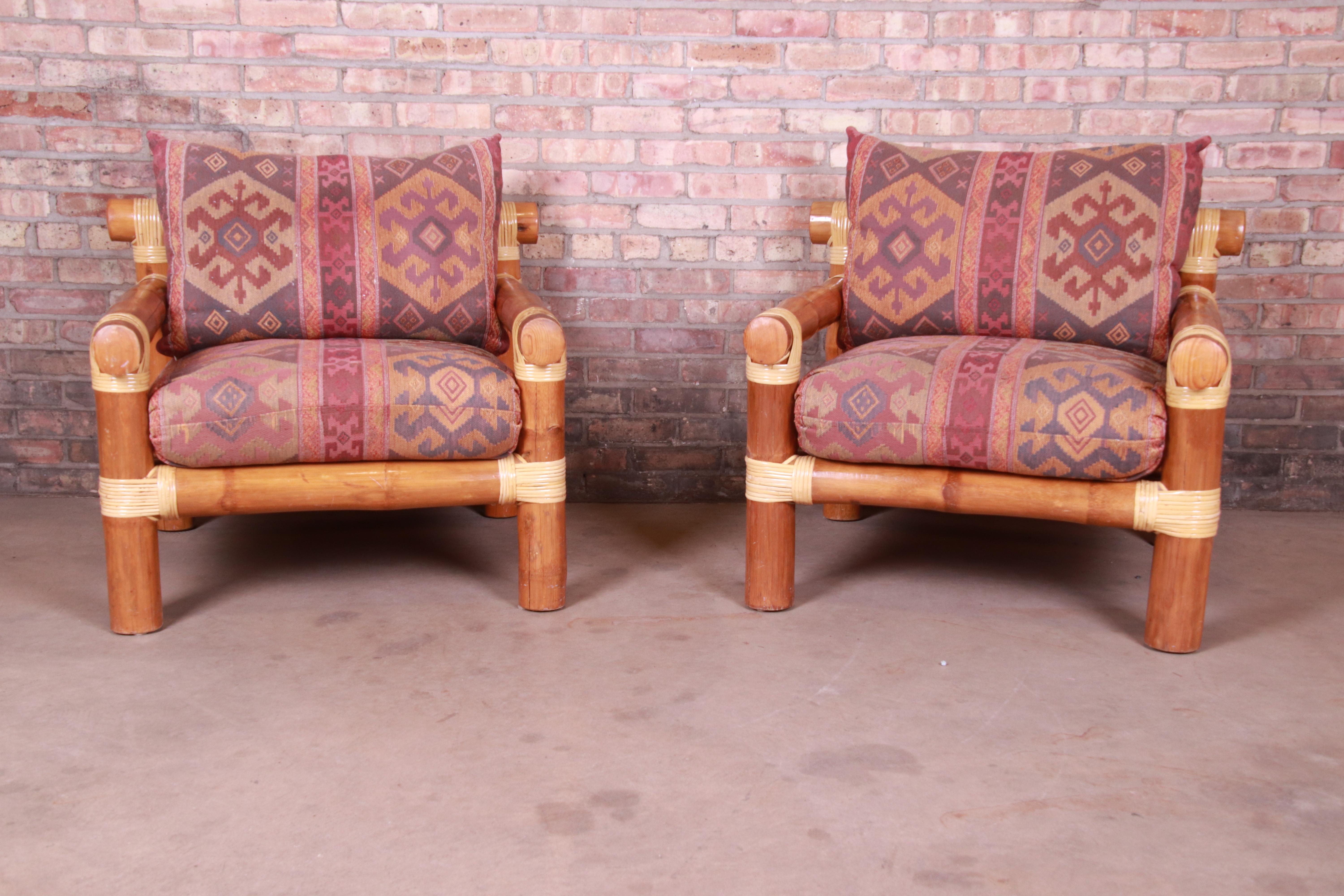Upholstery Oversized Bamboo Rattan Lounge Chairs and Ottoman For Sale