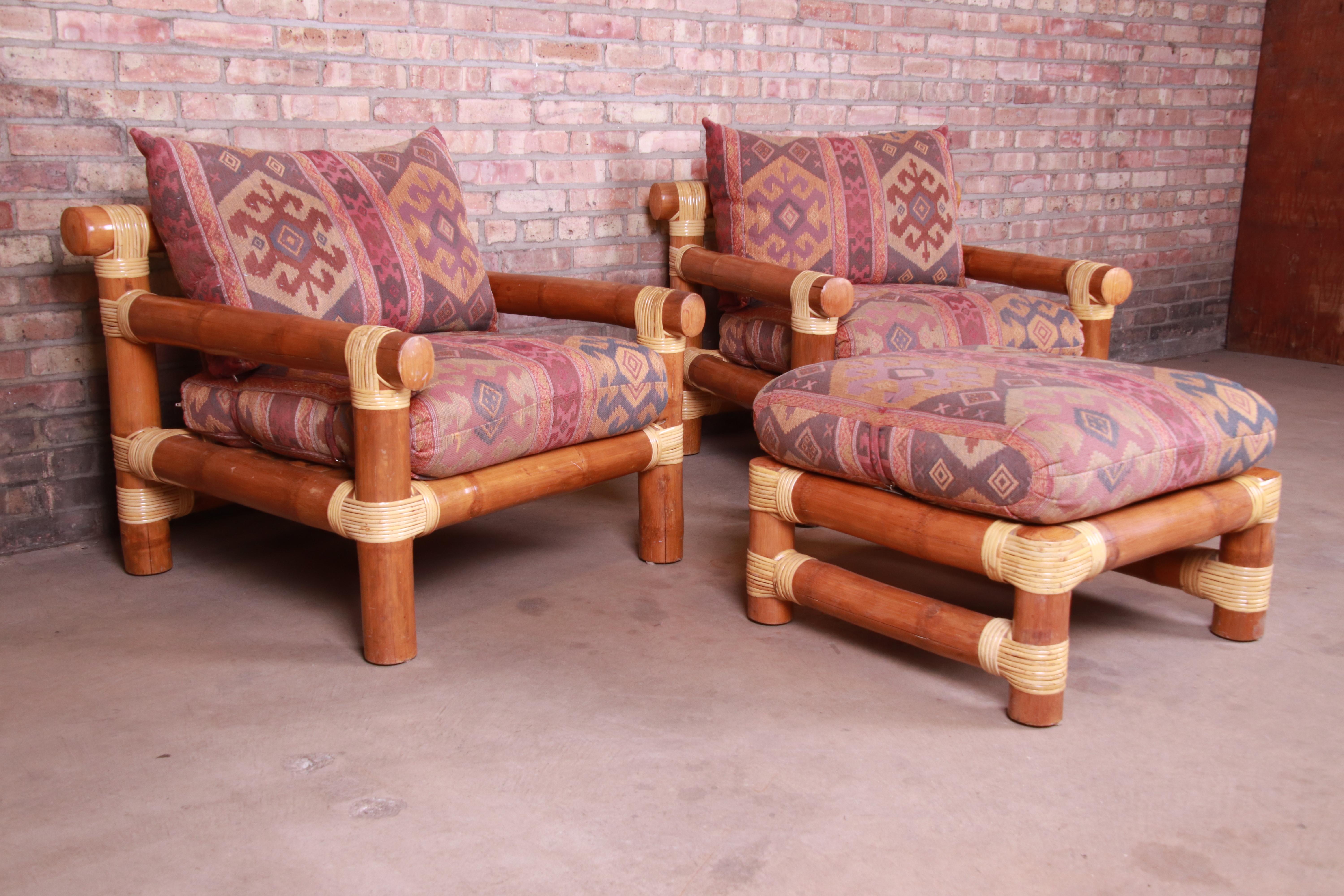 Organic Modern Oversized Bamboo Rattan Lounge Chairs and Ottoman For Sale