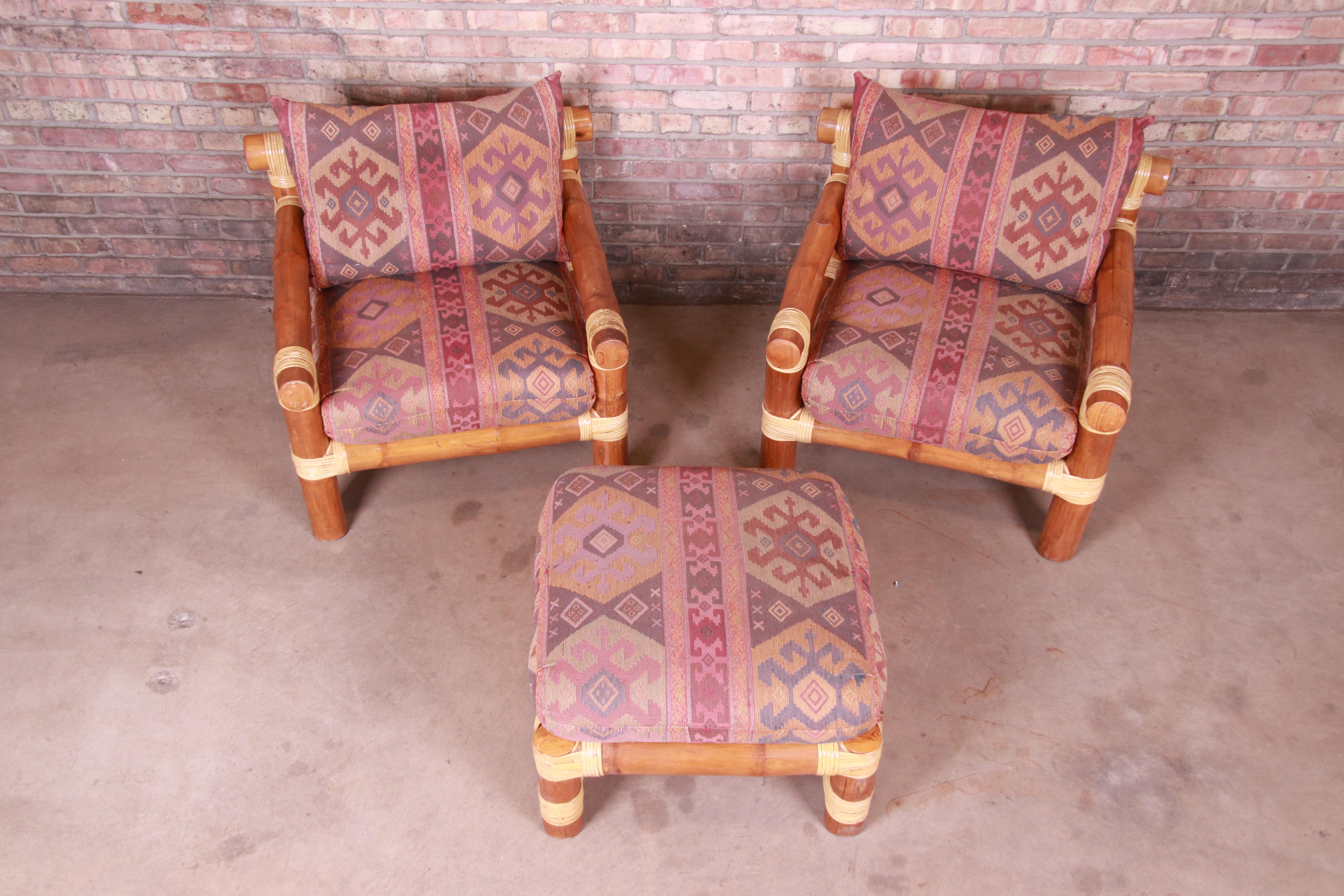 Philippine Oversized Bamboo Rattan Lounge Chairs and Ottoman For Sale