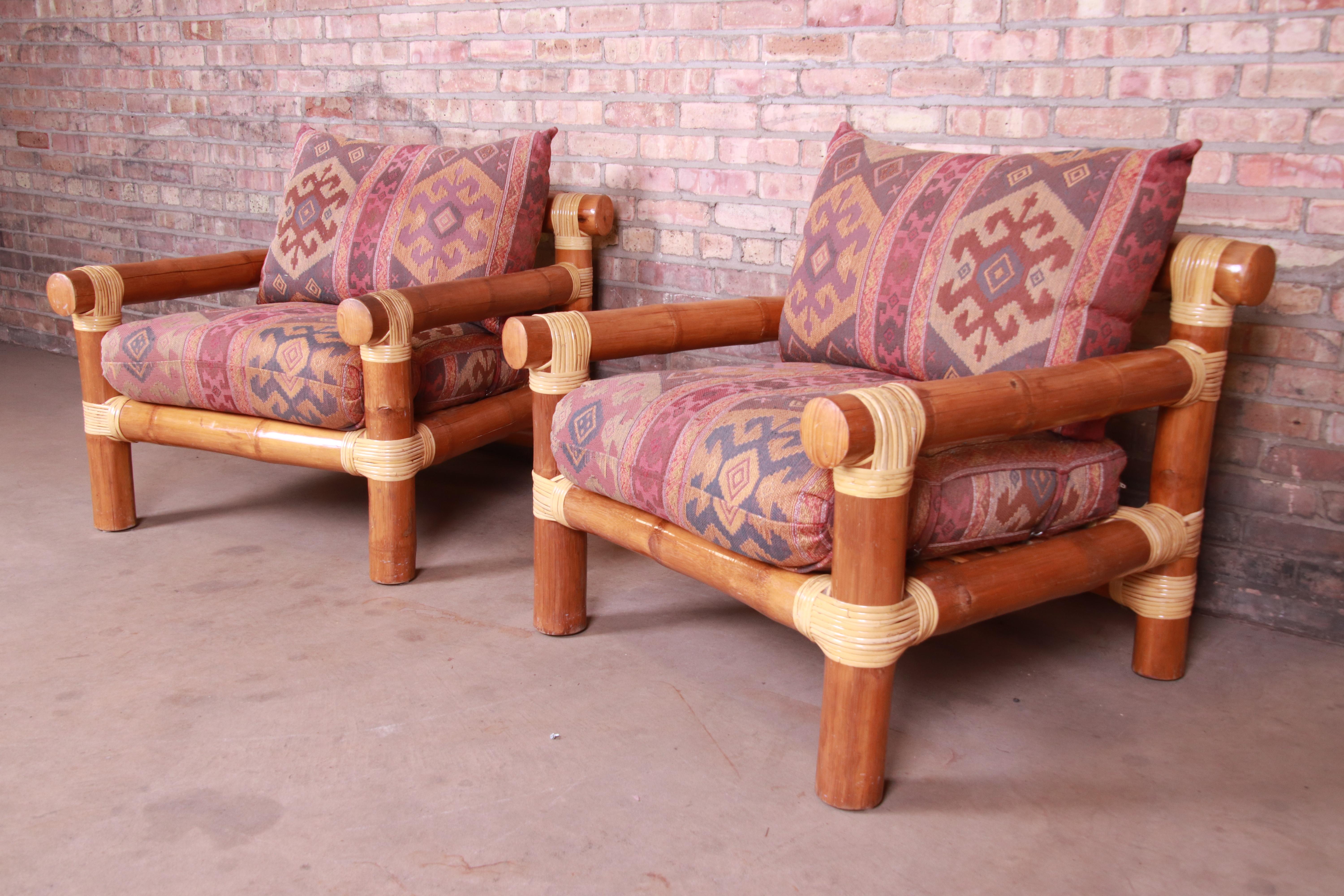 Oversized Bamboo Rattan Lounge Chairs and Ottoman In Good Condition For Sale In South Bend, IN