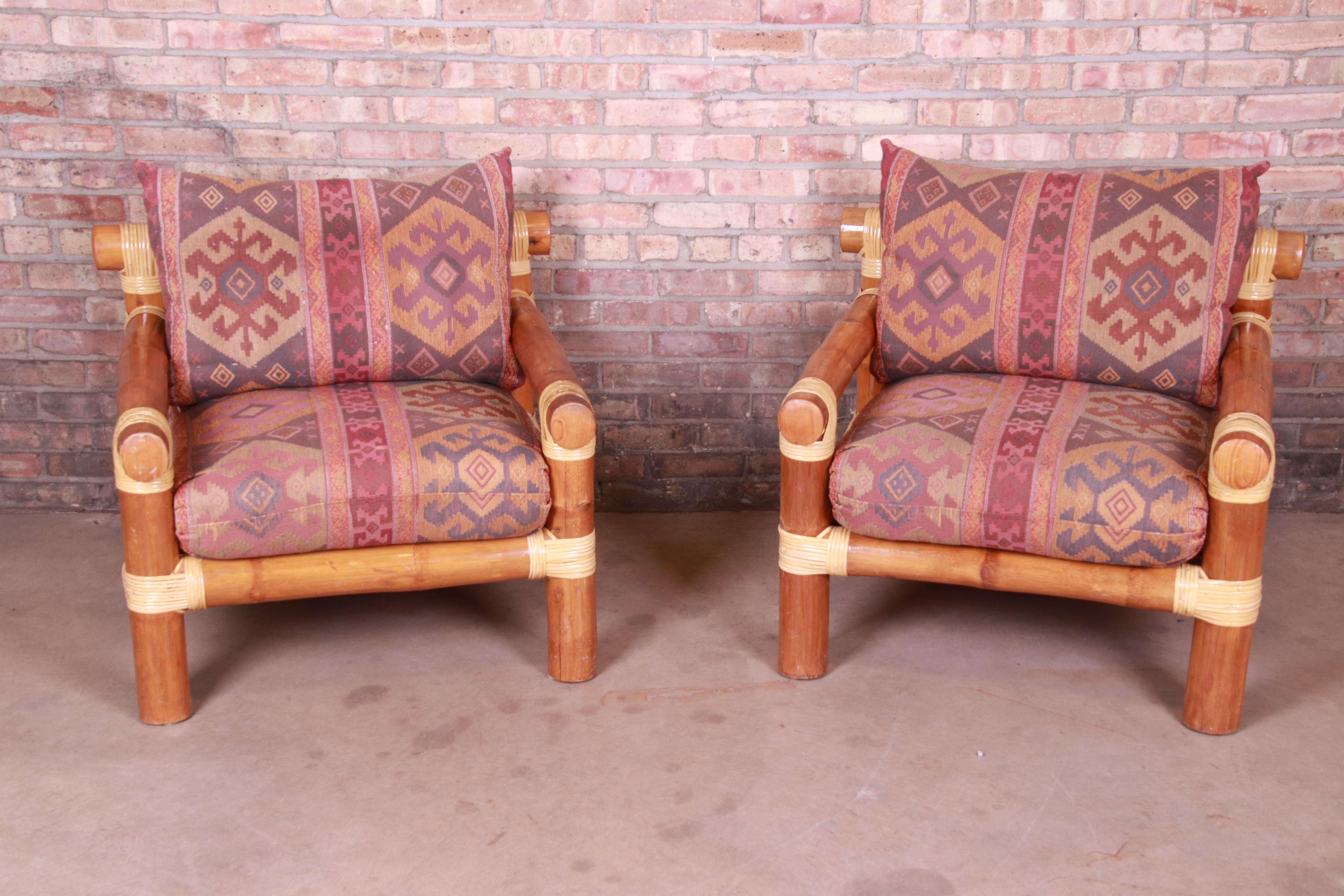 20th Century Oversized Bamboo Rattan Lounge Chairs and Ottoman