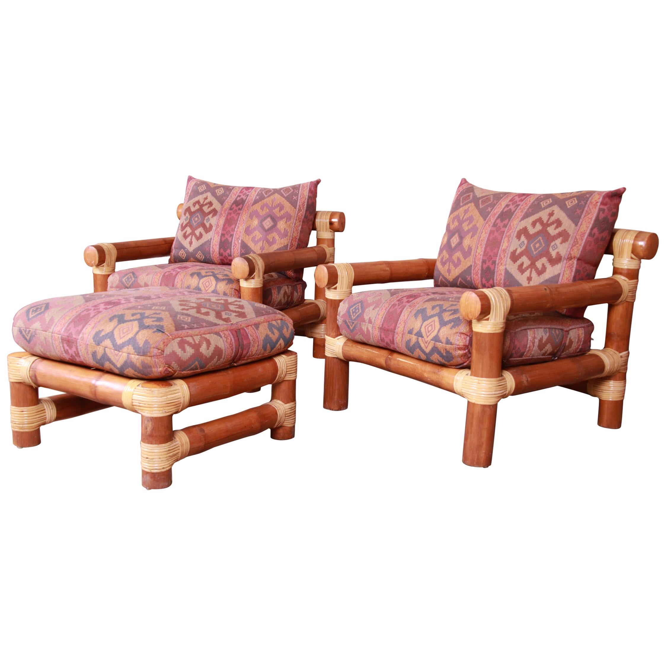 Oversized Bamboo Rattan Lounge Chairs and Ottoman