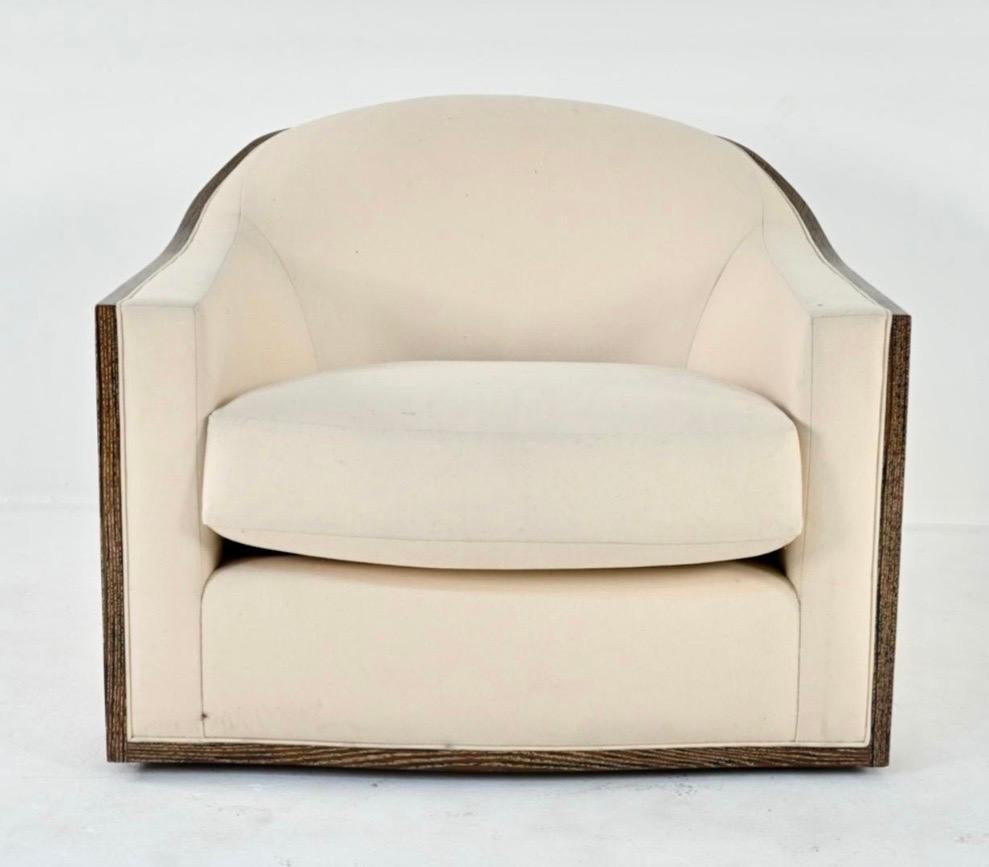 Art Deco-inspired oversized swivel lounge barrel back chair in neutral cream wool upholstery with wood frame. Some minor staining on the fabric in a few places - see pics. This is a big chair, pay close attention to dimensions.