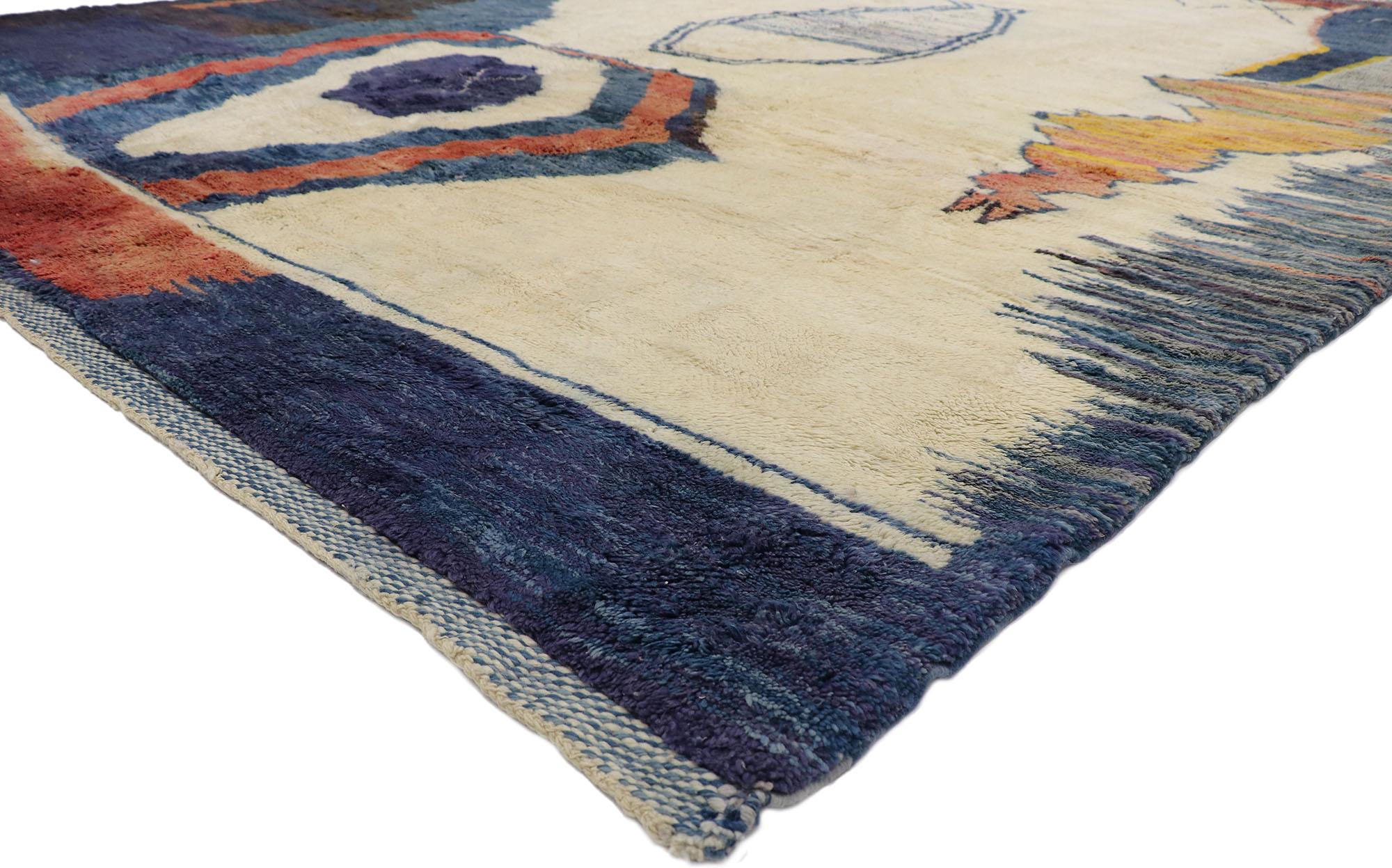21140 Oversized Abstract Moroccan Rug, 13'04 x 17'04.
Emulating Wabi-Sabi and Abstract Expressionist style, this hand knotted wool oversized Berber Moroccan rug is a captivating vision of woven beauty. The perfectly imperfect tribal design and
