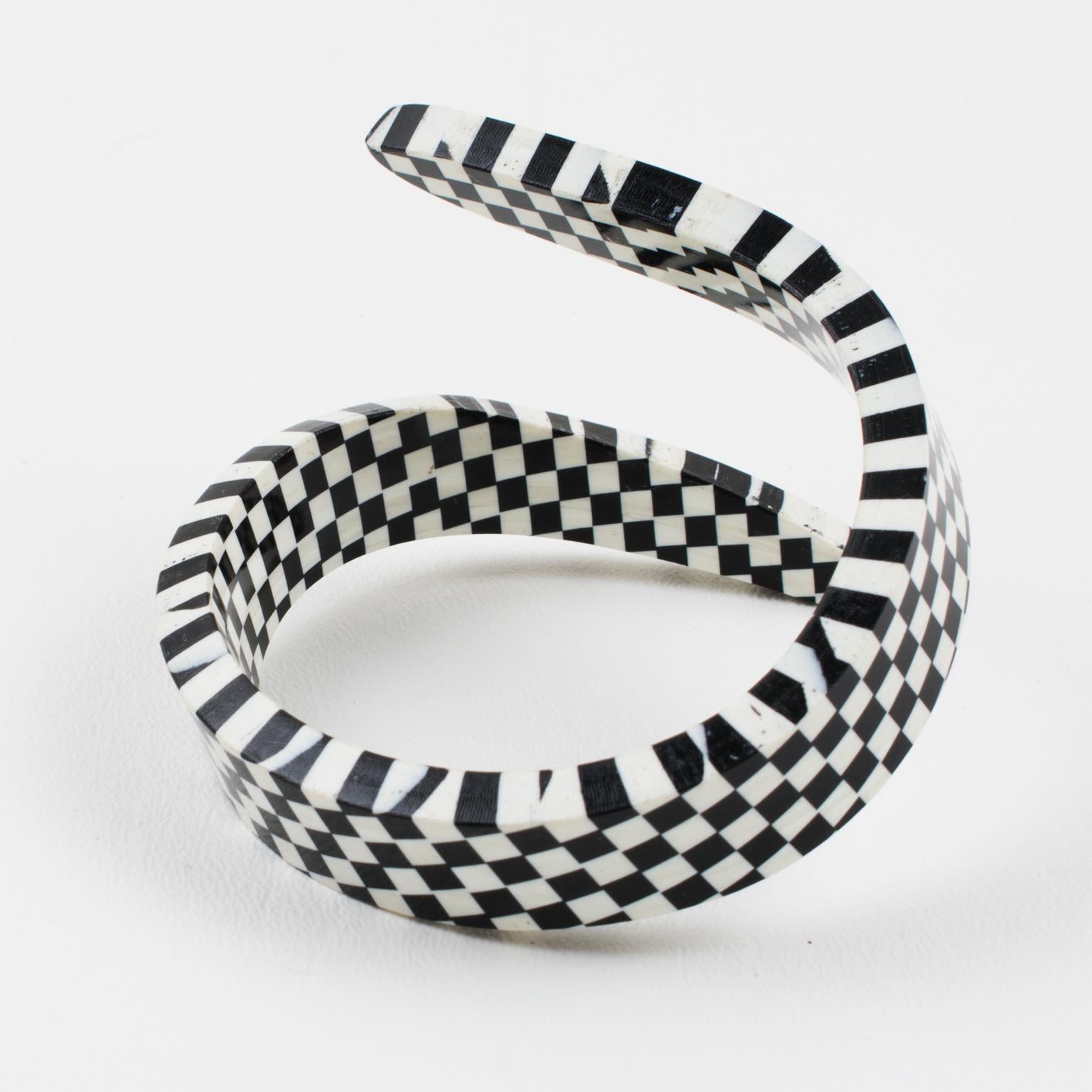Modernist Oversized Black and White Checkerboard Lucite Coiled Bracelet