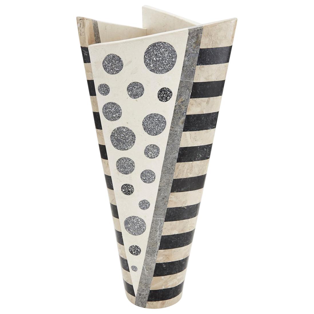 Oversized Black and White Postmodern Tessellated Stone "Trio" Vase, 1990s For Sale