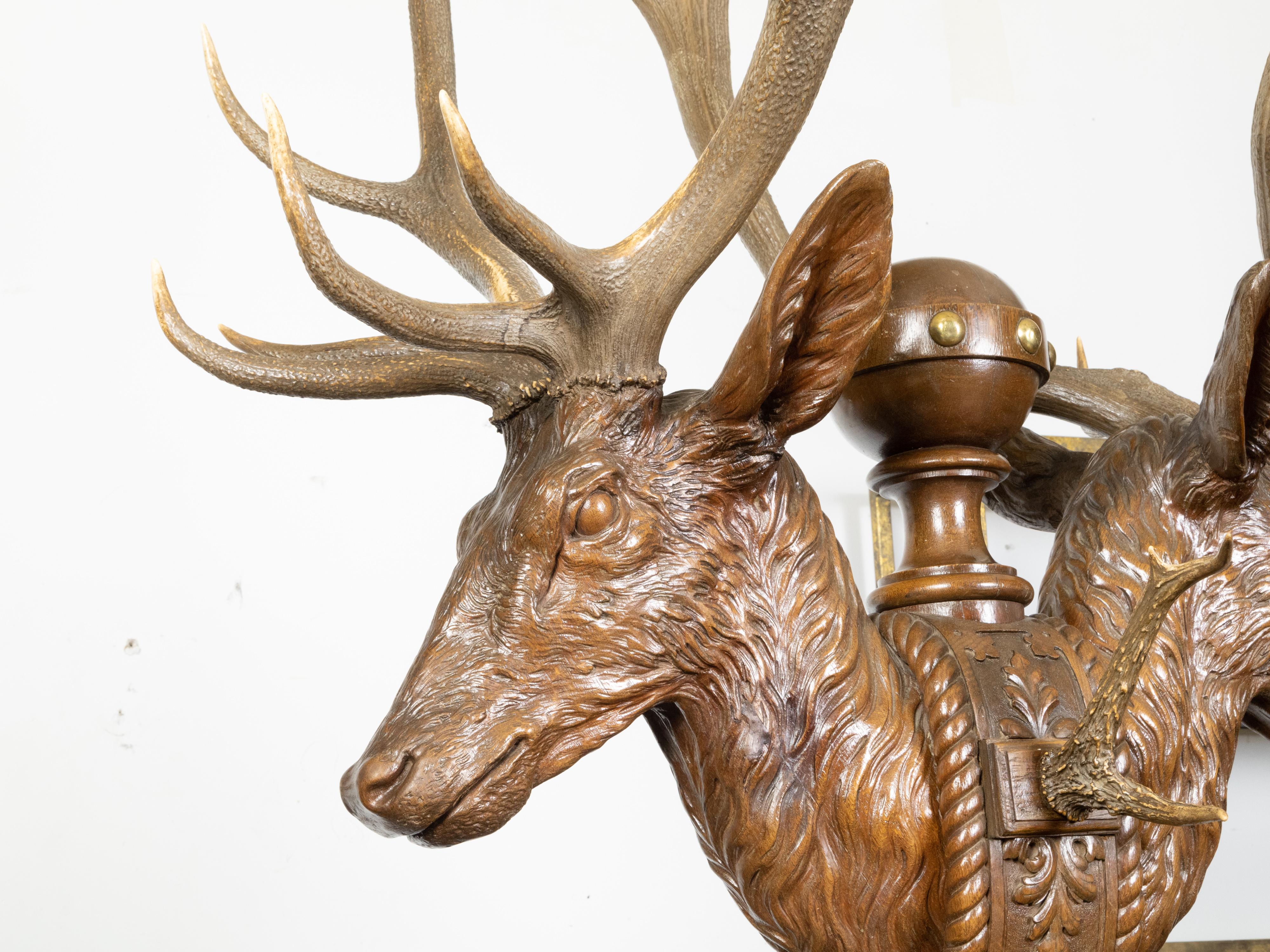 Oversized Black Forest 19th Century Carved Oak Stag Rack with Antlers For Sale 7