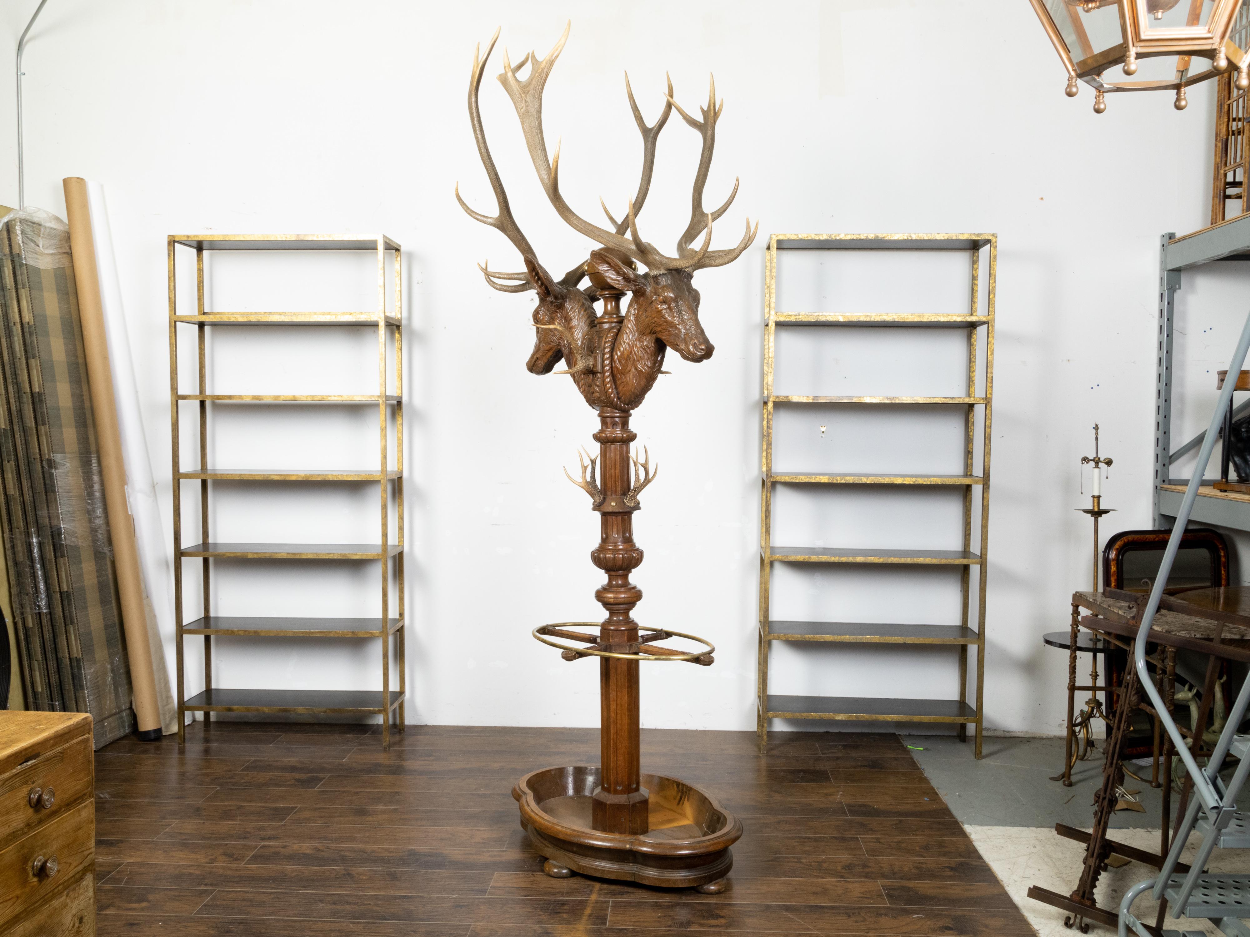 German Oversized Black Forest 19th Century Carved Oak Stag Rack with Antlers For Sale
