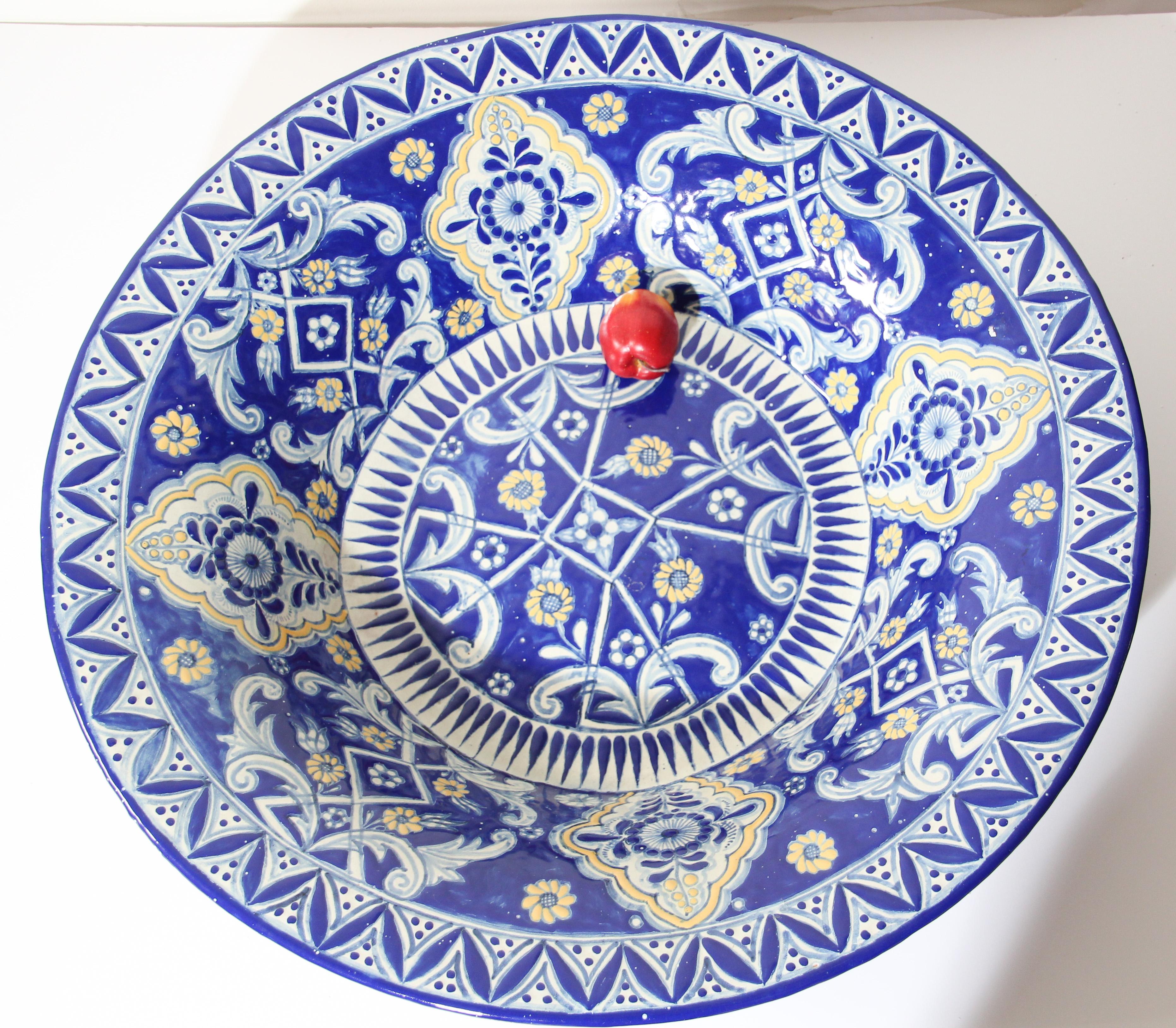 20th Century Oversized Blue and White Mexican Talavera Glazed Ceramic Bowl For Sale