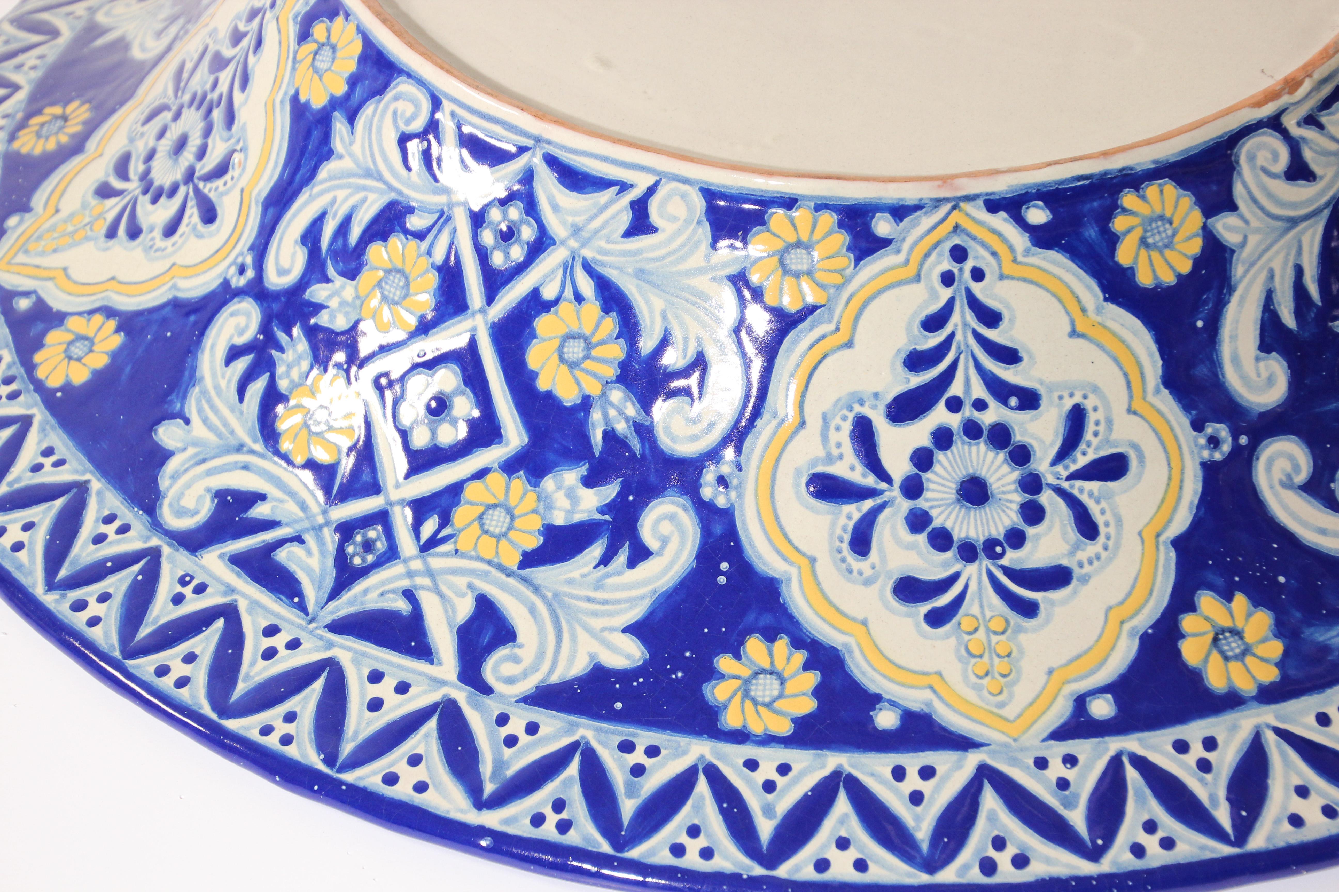 Oversized Blue and White Mexican Talavera Glazed Ceramic Bowl For Sale 2