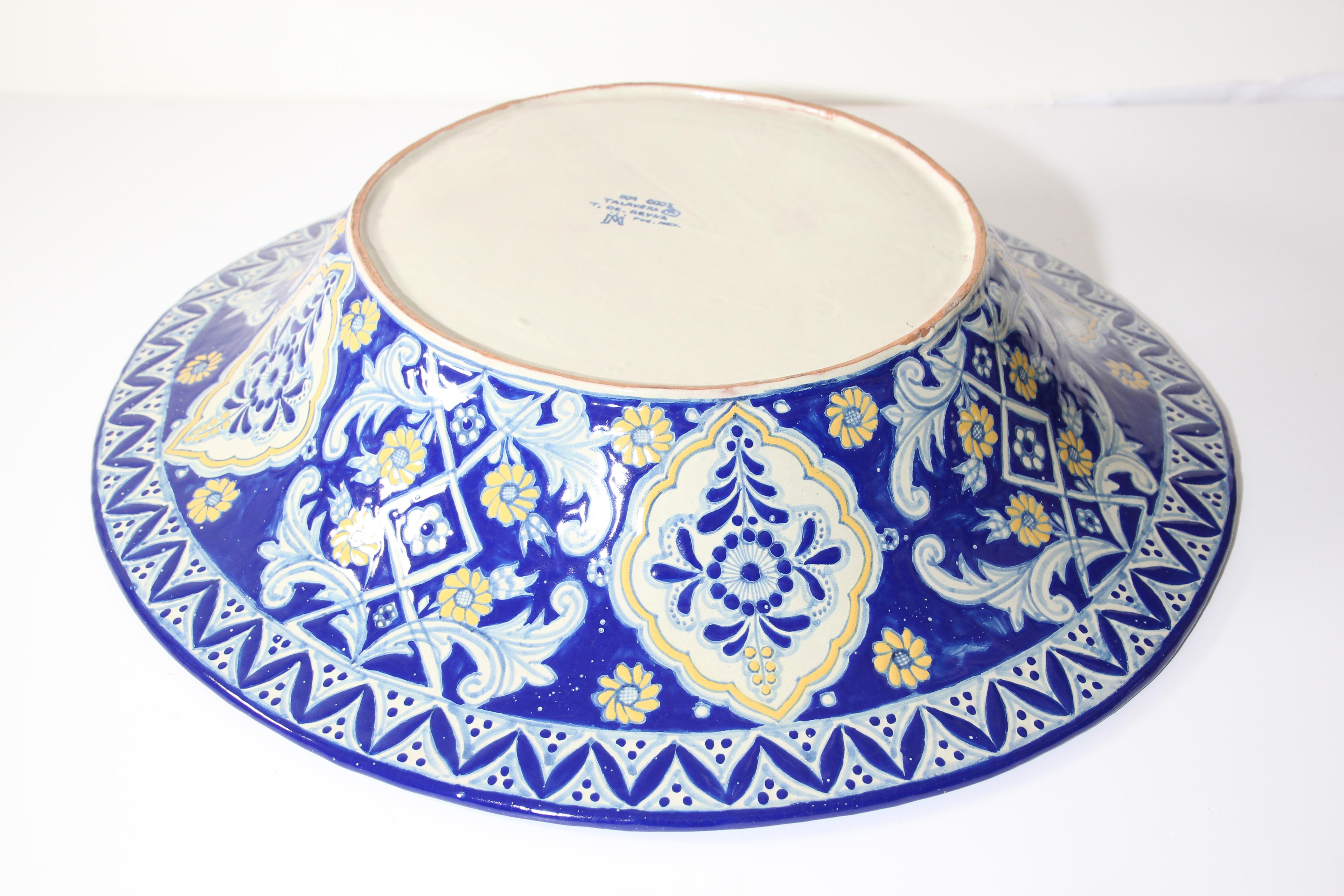 Oversized Blue and White Mexican Talavera Glazed Ceramic Bowl 7