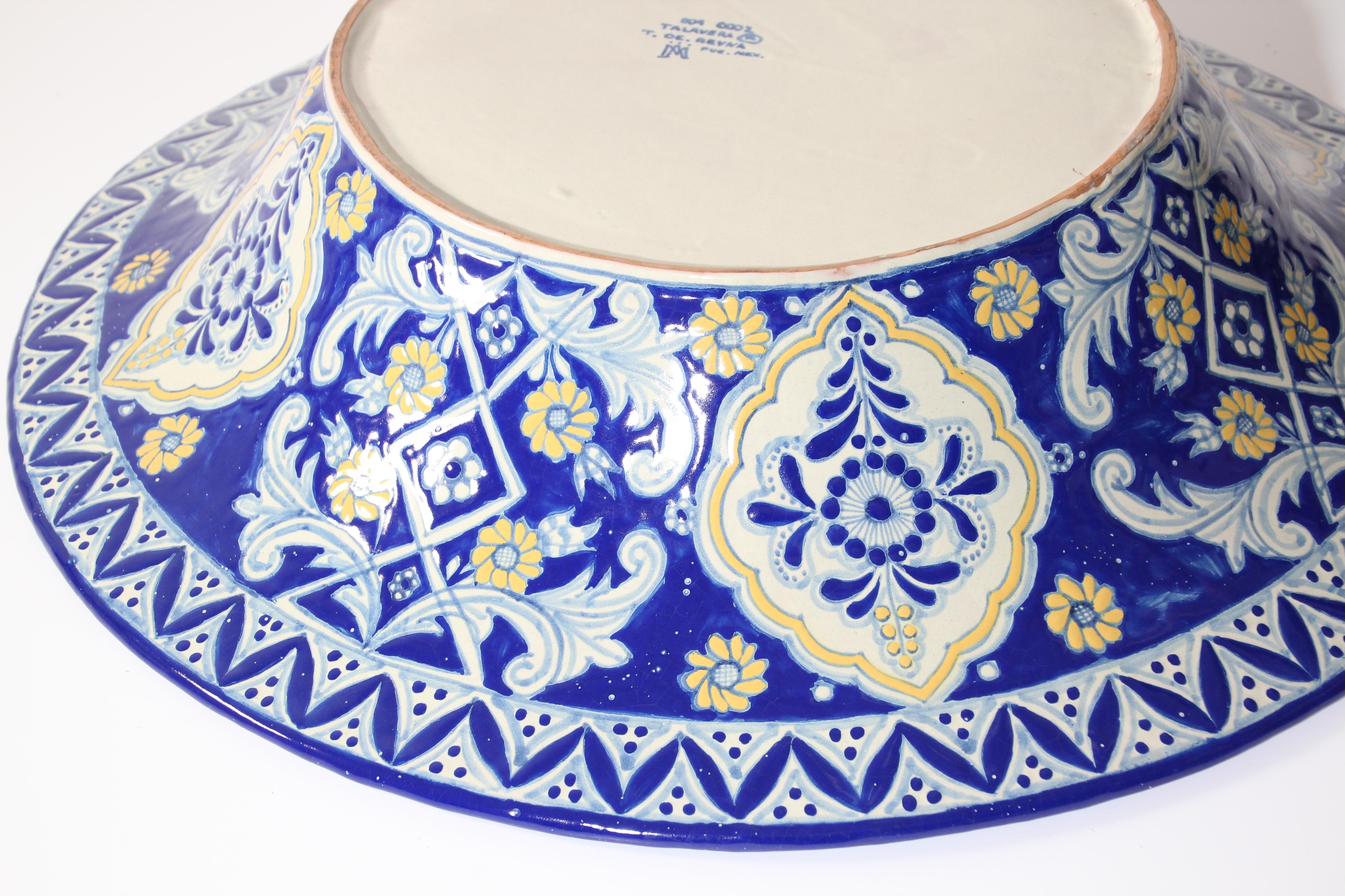 Oversized Blue and White Mexican Talavera Glazed Ceramic Bowl 8