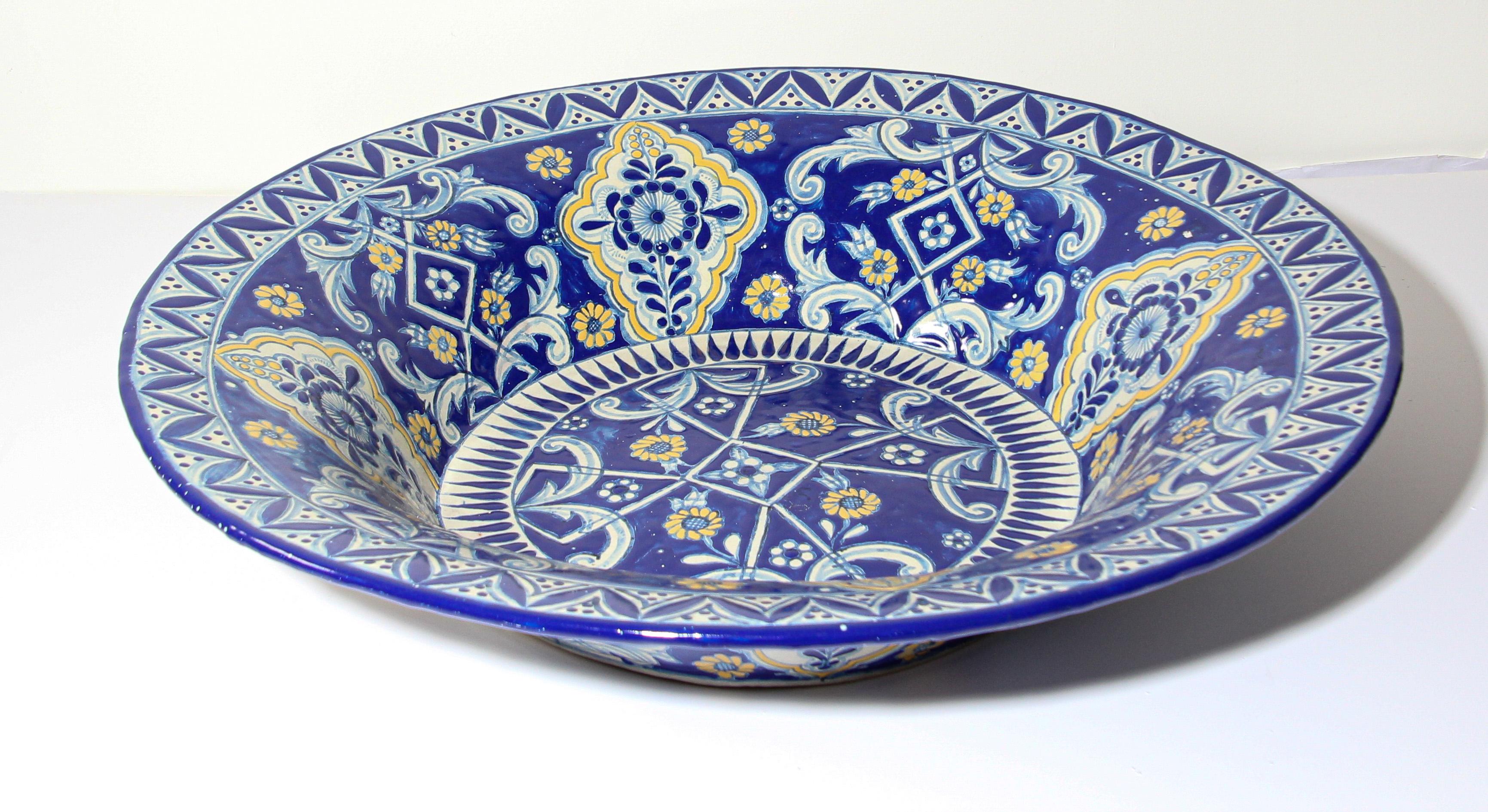 Oversized Blue and White Mexican Talavera Glazed Ceramic Bowl 9