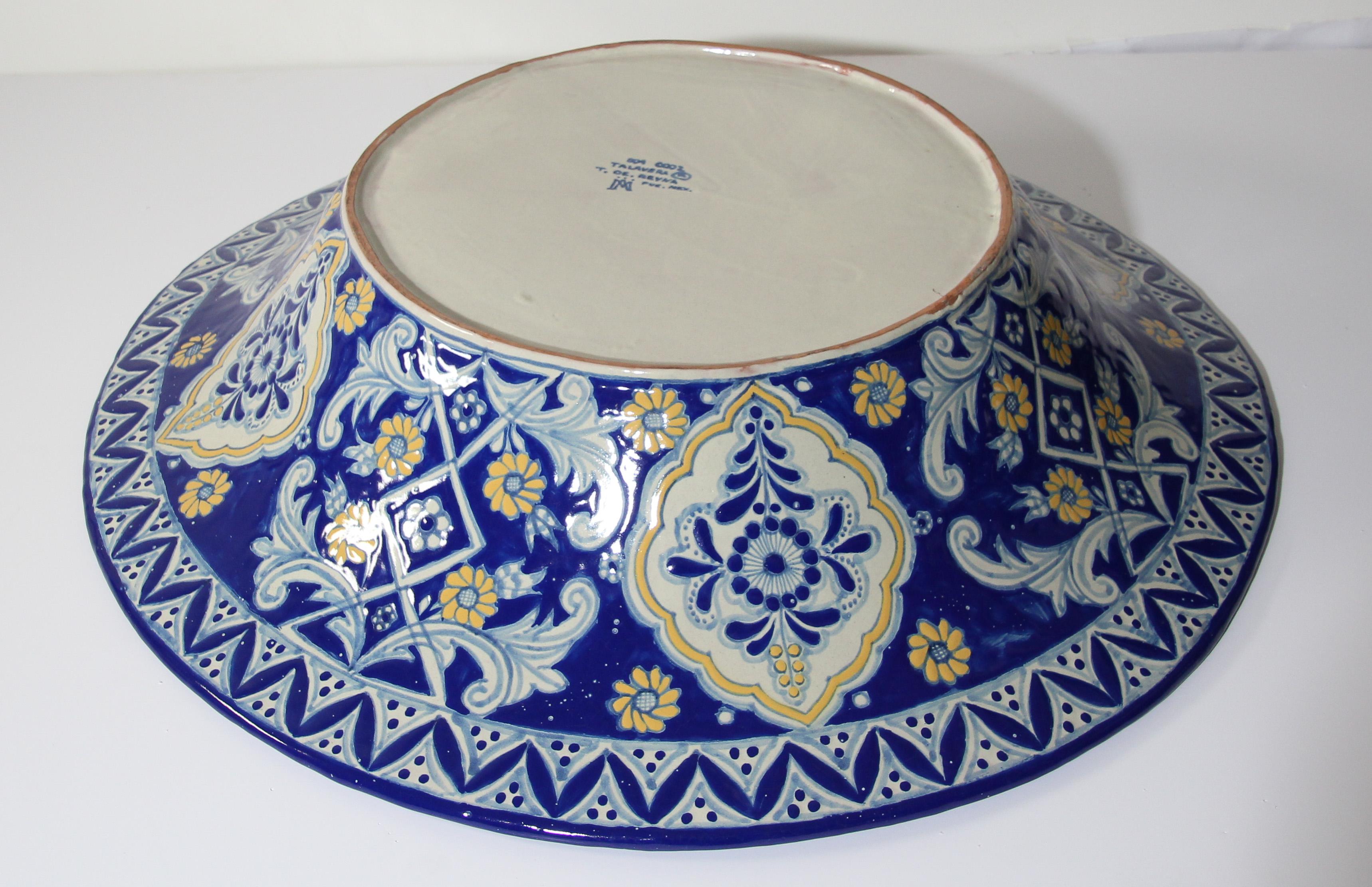 Oversized Blue and White Mexican Talavera Glazed Ceramic Bowl 11