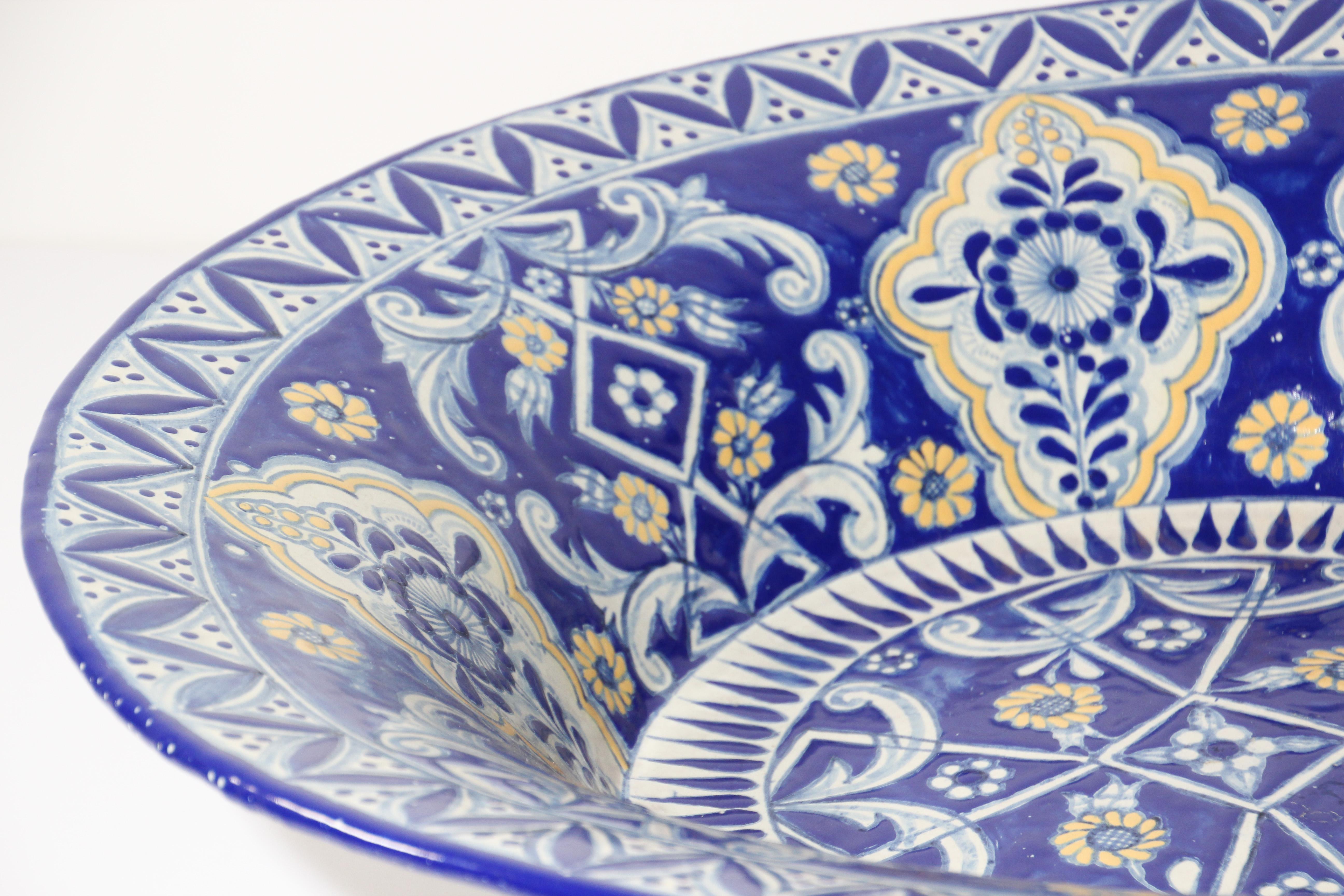 Hand-Painted Oversized Blue and White Mexican Talavera Glazed Ceramic Bowl