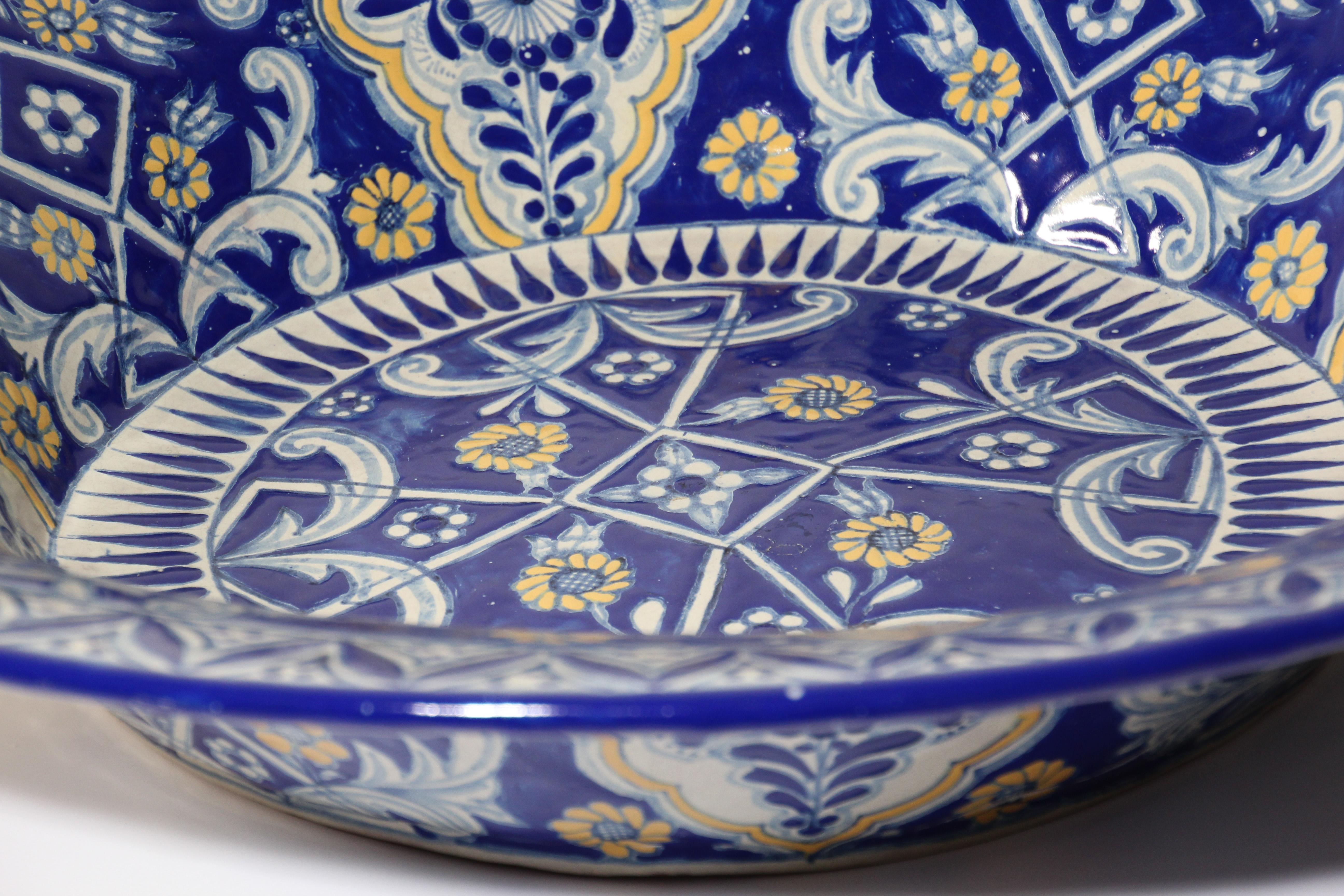 Folk Art Oversized Blue and White Mexican Talavera Glazed Ceramic Bowl For Sale