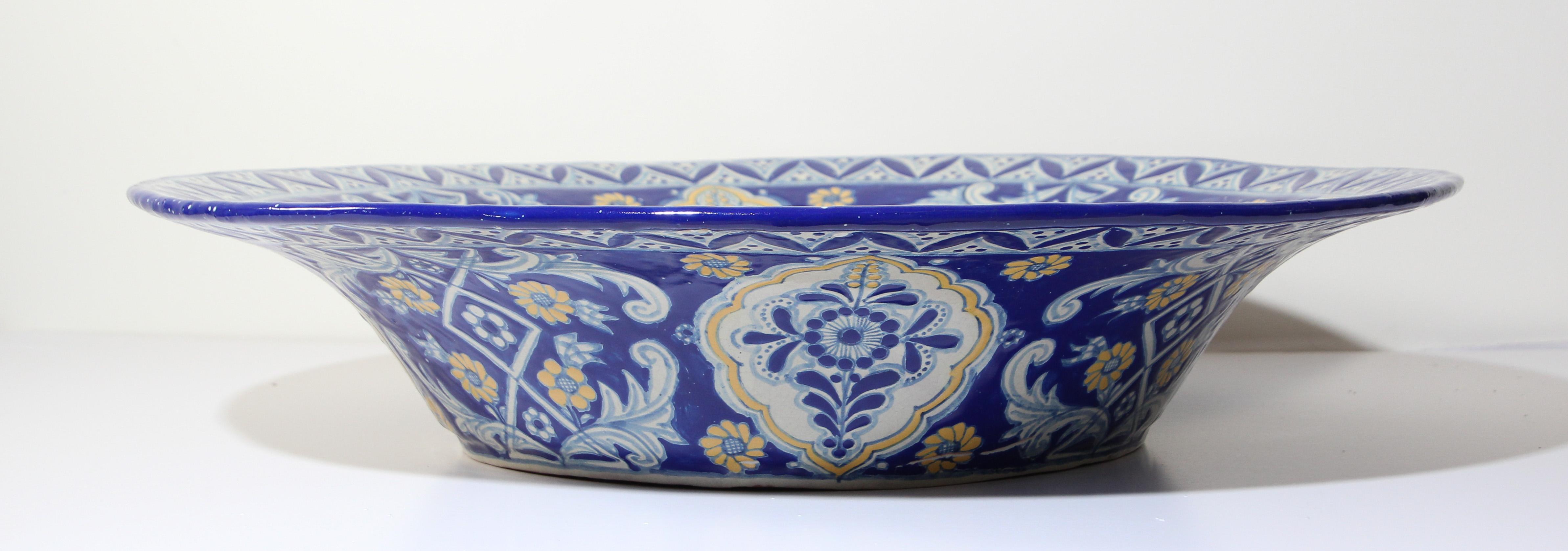 Hand-Painted Oversized Blue and White Mexican Talavera Glazed Ceramic Bowl For Sale