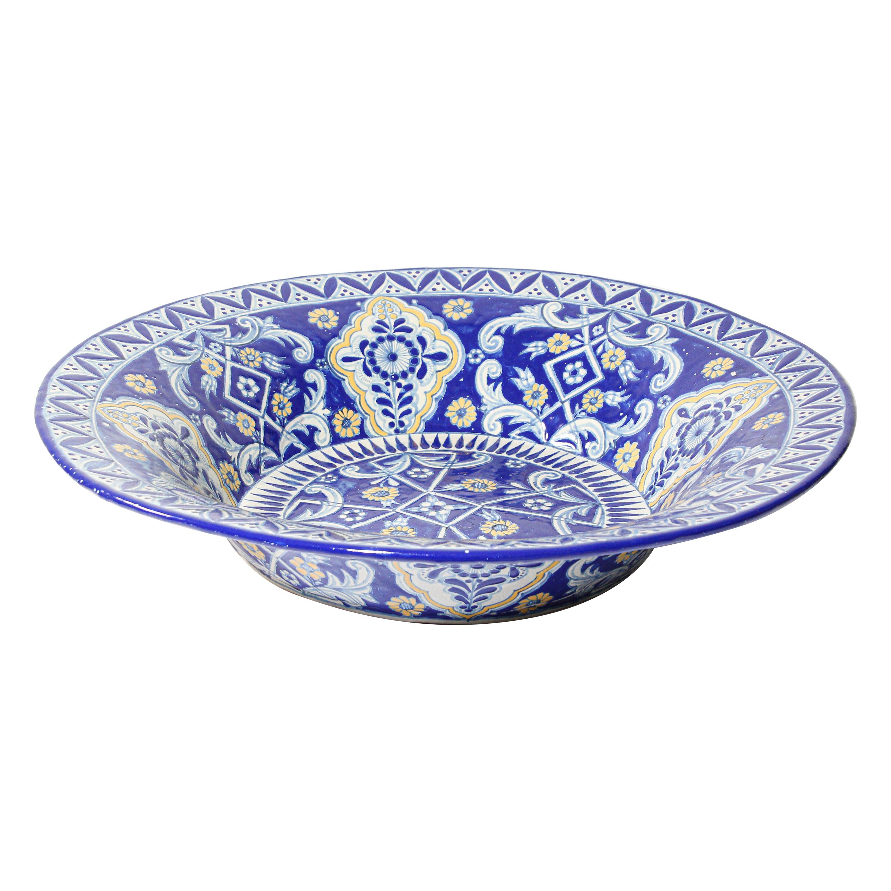 Oversized Blue and White Mexican Talavera Glazed Ceramic Bowl