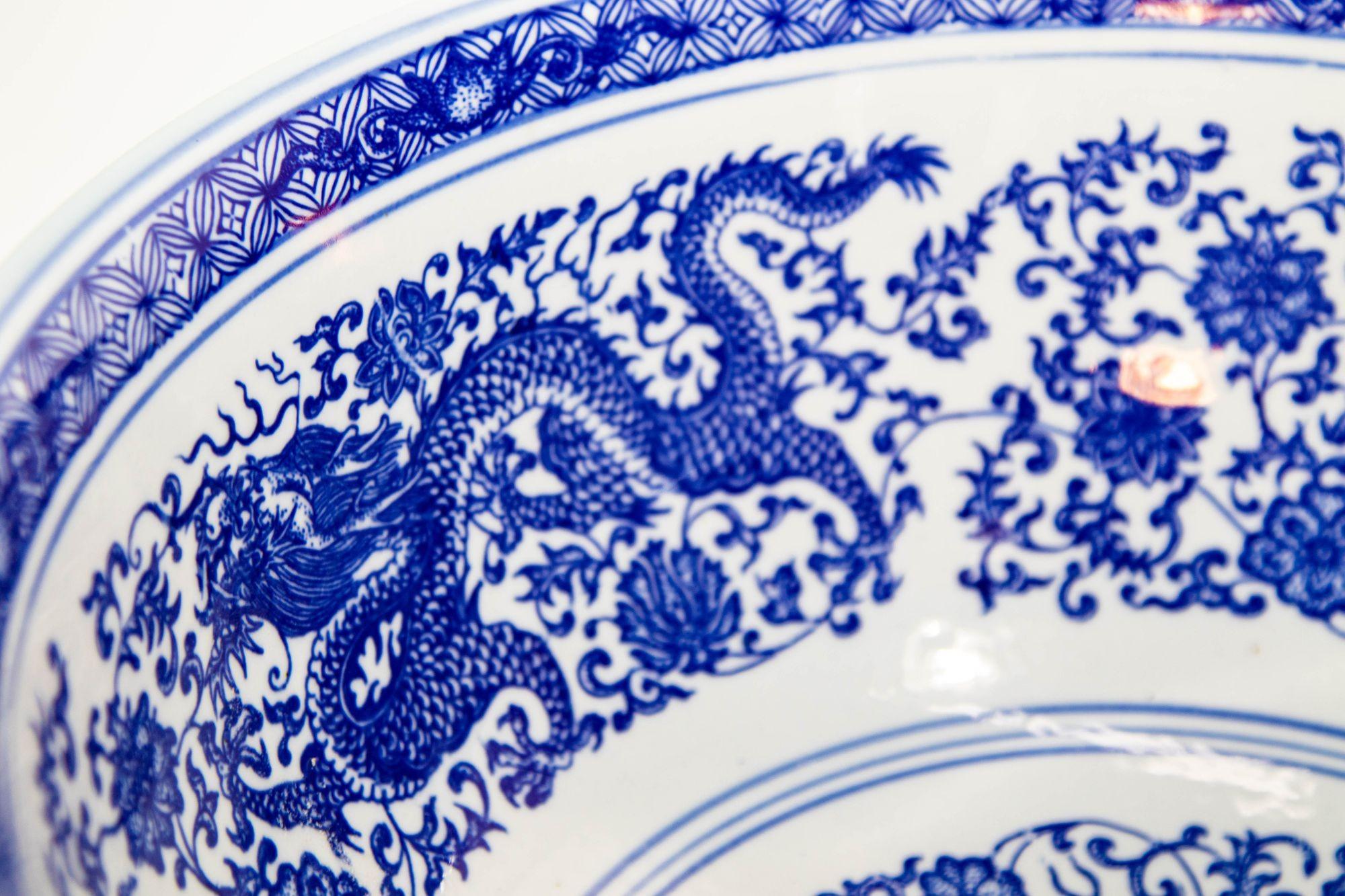 Oversized Blue and White Porcelain Chinese Dragons Bowl 16 in. D. Circa 1950s 3