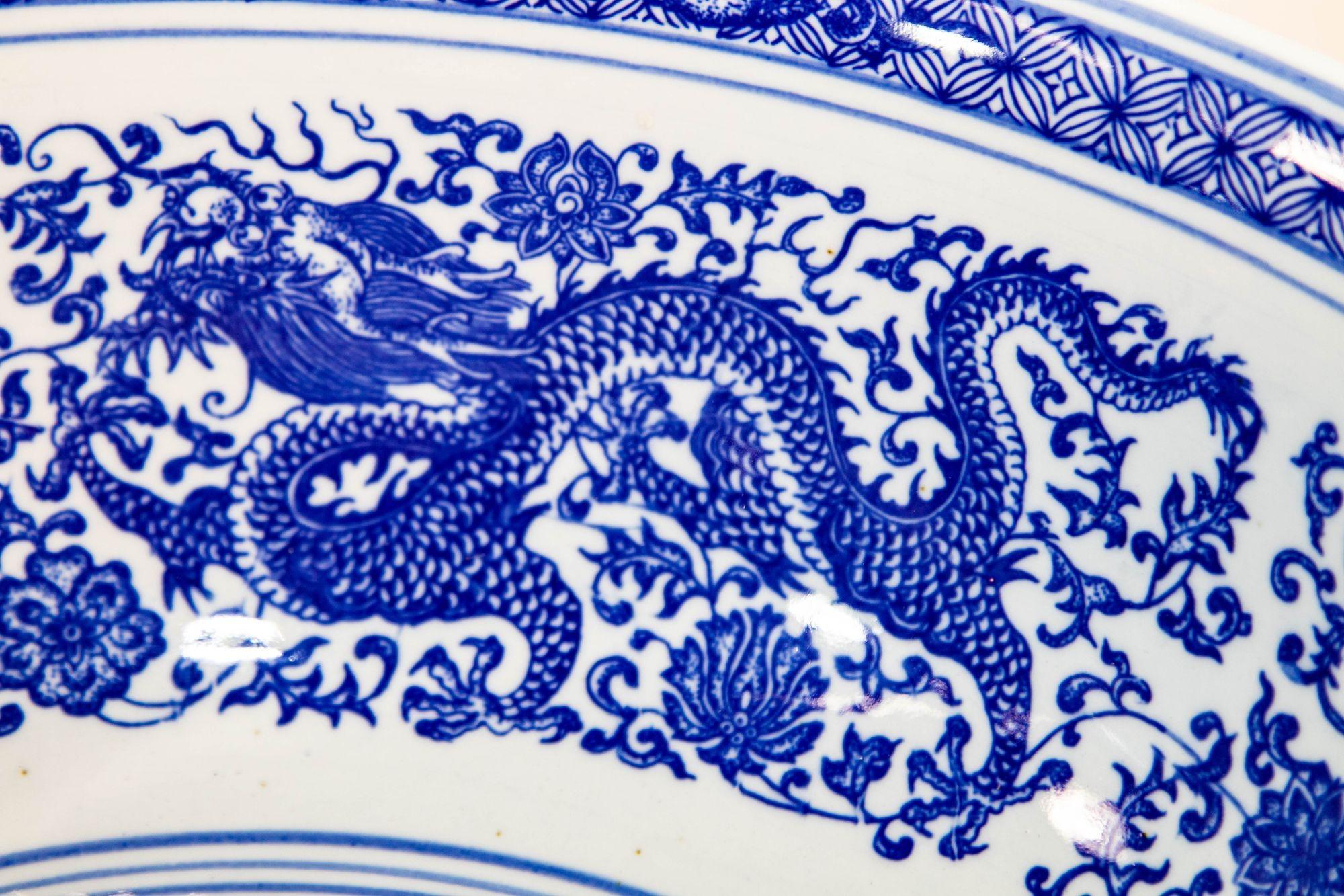 Oversized Blue and White Porcelain Chinese Dragons Bowl 16 in. D. Circa 1950s 4