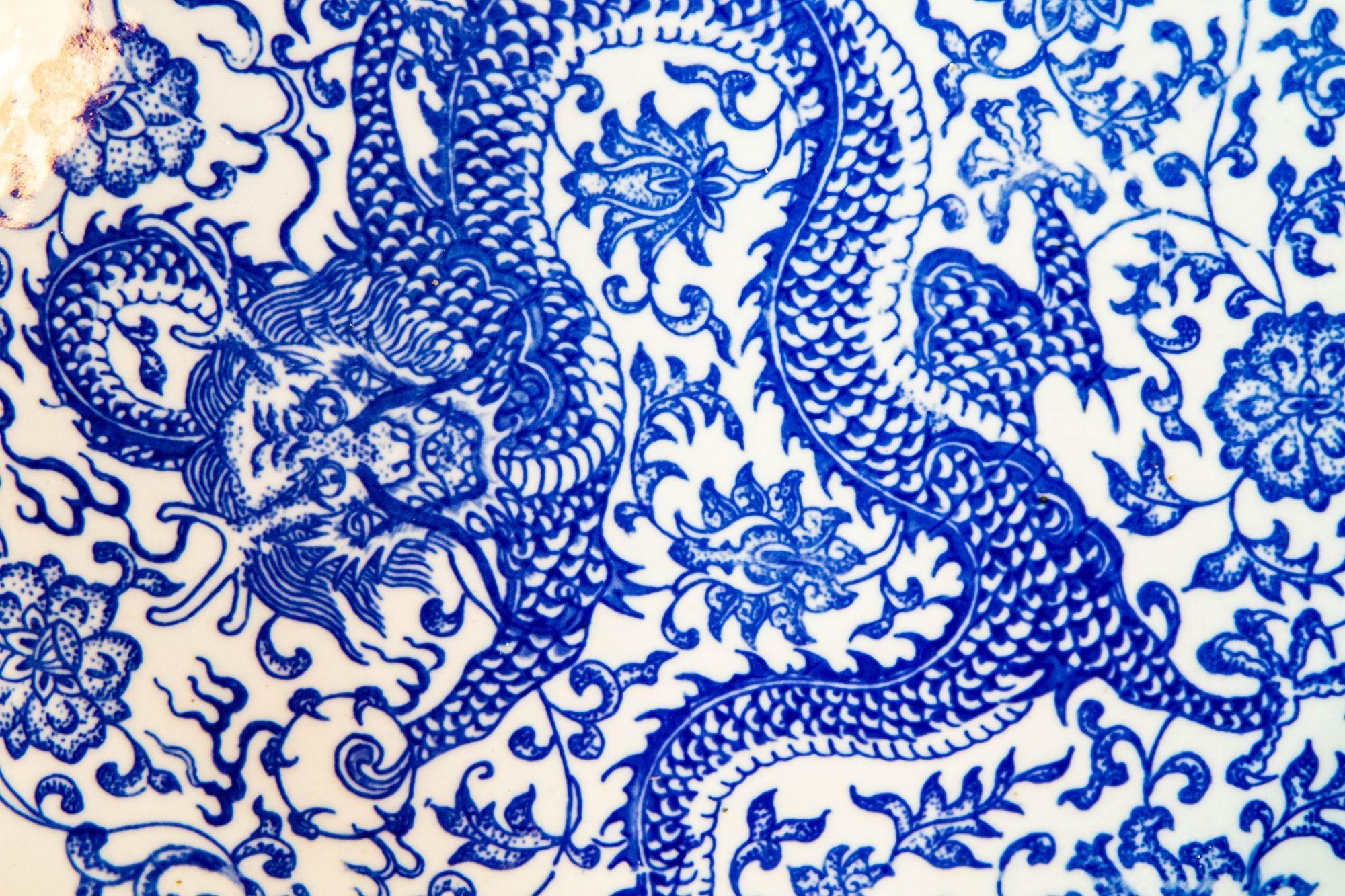Oversized Blue and White Porcelain Chinese Dragons Bowl 16 in. D. Circa 1950s 5
