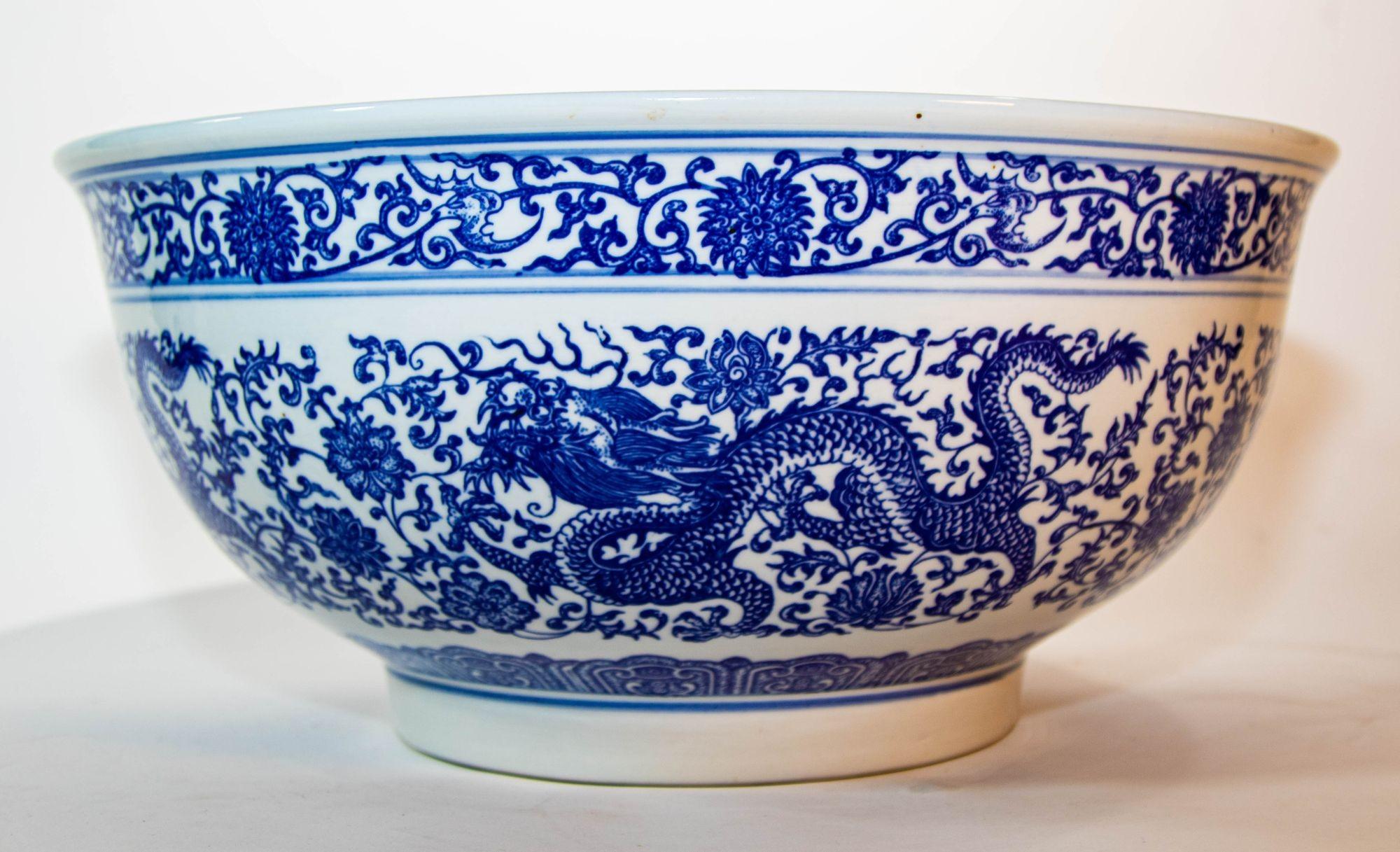 Oversized Blue and White Porcelain Chinese Dragons Bowl 16 in. D. Circa 1950s 6