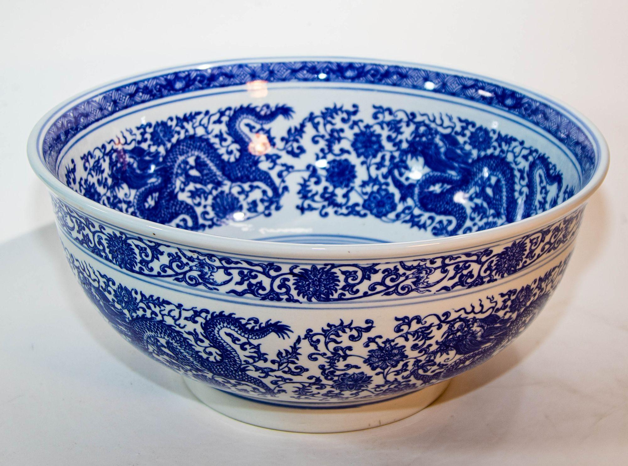 Oversized Blue and White Porcelain Chinese Dragons Bowl 16 in. D. Circa 1950s 8