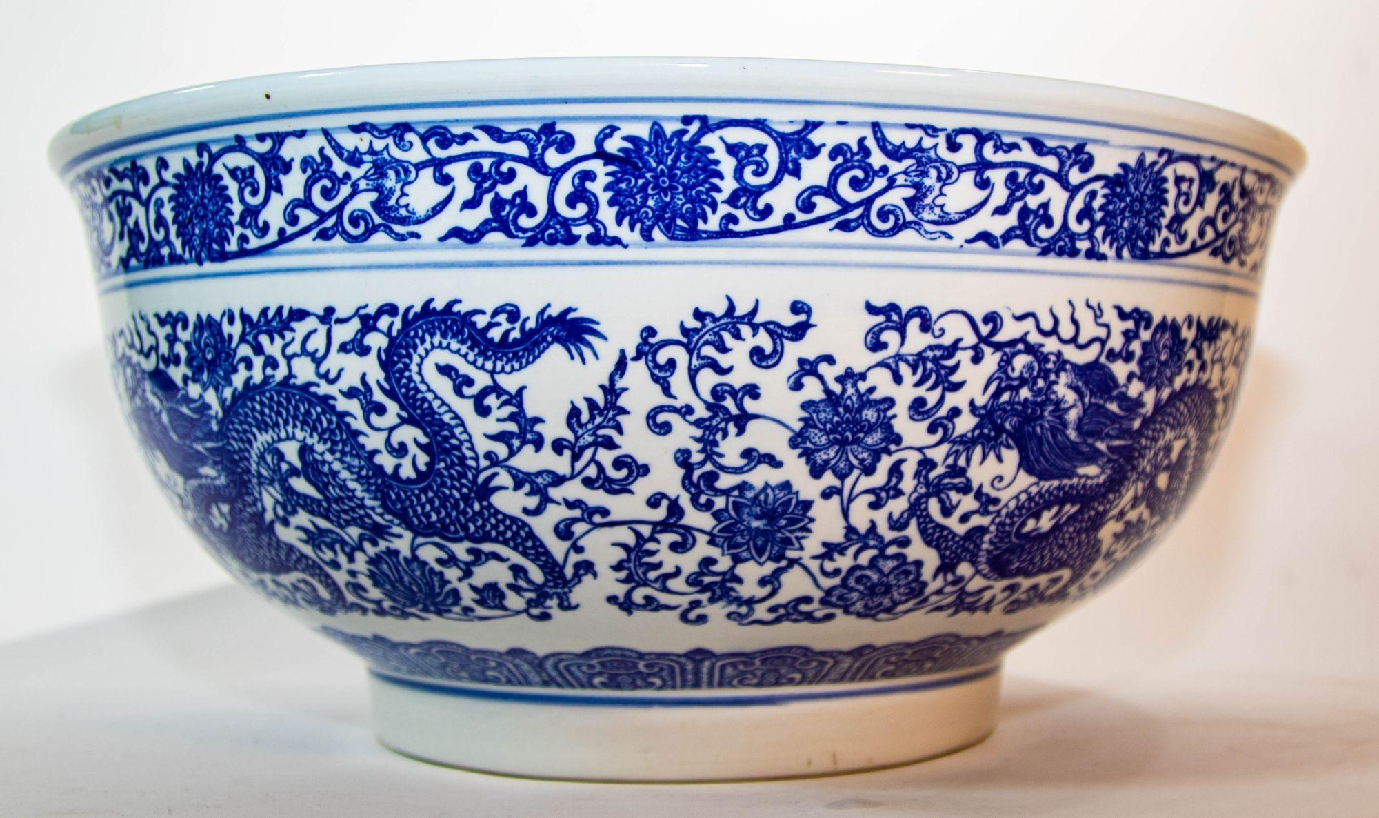 Hand-Painted Oversized Blue and White Porcelain Chinese Dragons Bowl 16 in. D. Circa 1950s