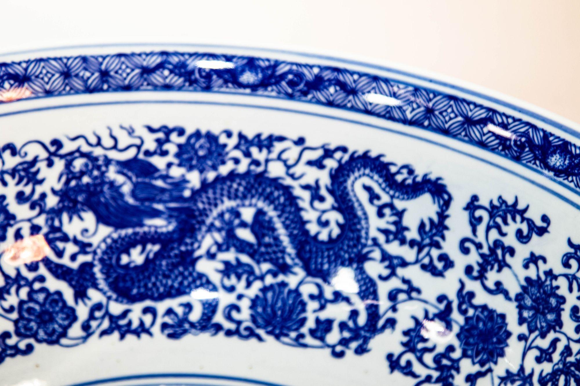 20th Century Oversized Blue and White Porcelain Chinese Dragons Bowl 16 in. D. Circa 1950s
