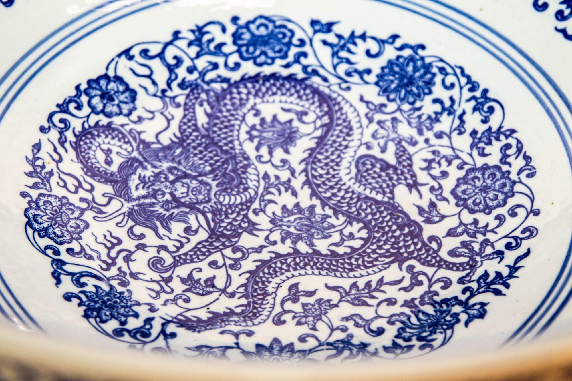 Oversized Blue and White Porcelain Chinese Dragons Bowl 16 in. D. Circa 1950s 2