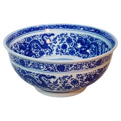 Oversized Blue and White Porcelain Chinese Dragons Bowl 16 in. D. Circa 1950s